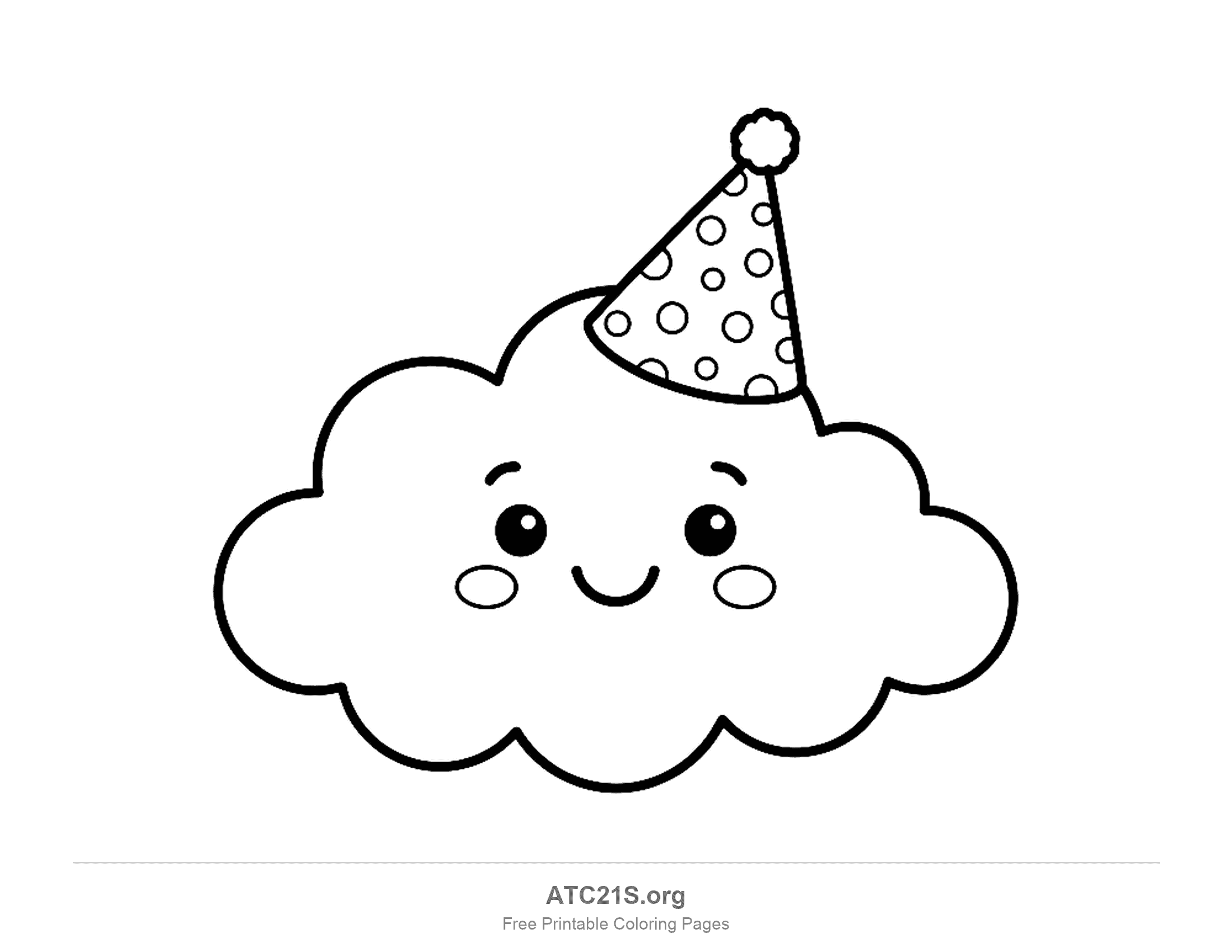 Smiling cloud with rosy cheeks wearing a tilted cone party hat covered in polka dots with a fluffy pom-pom on top, birthday cloud coloring page
