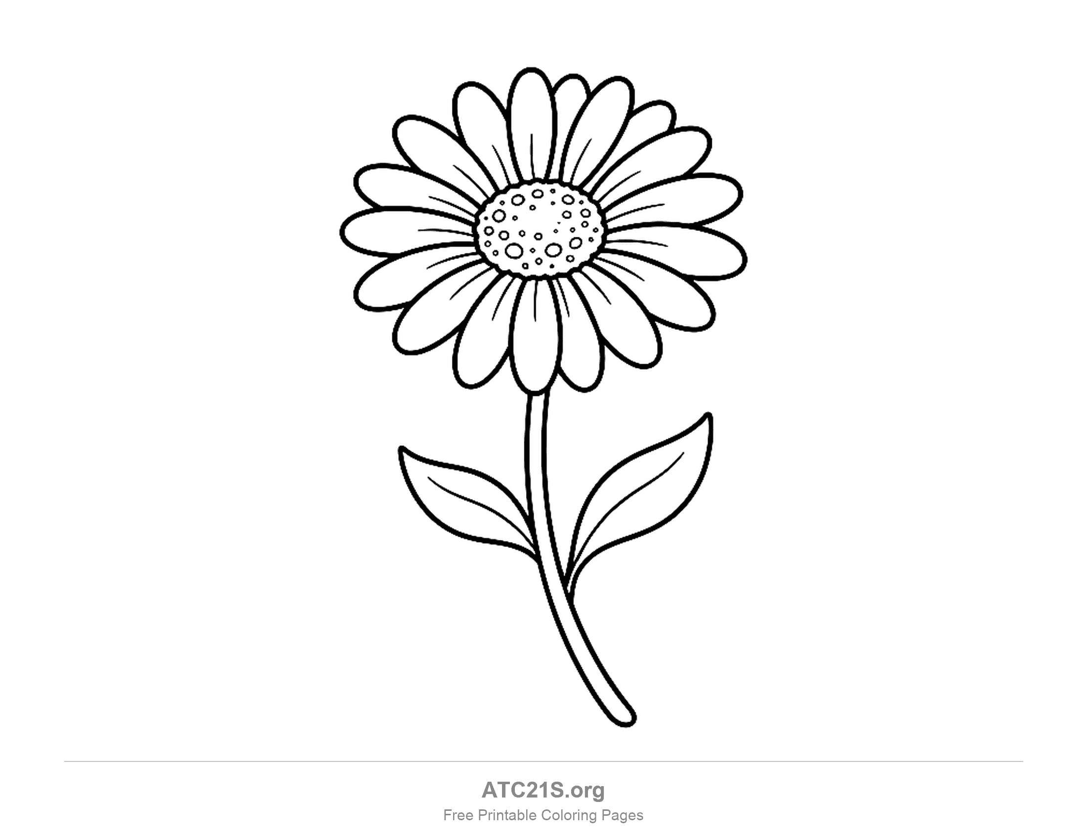 Daisy leaning to one side on a curving stem, with a centre of small bubbles and two pointed leaves at different heights, printable daisy coloring page
