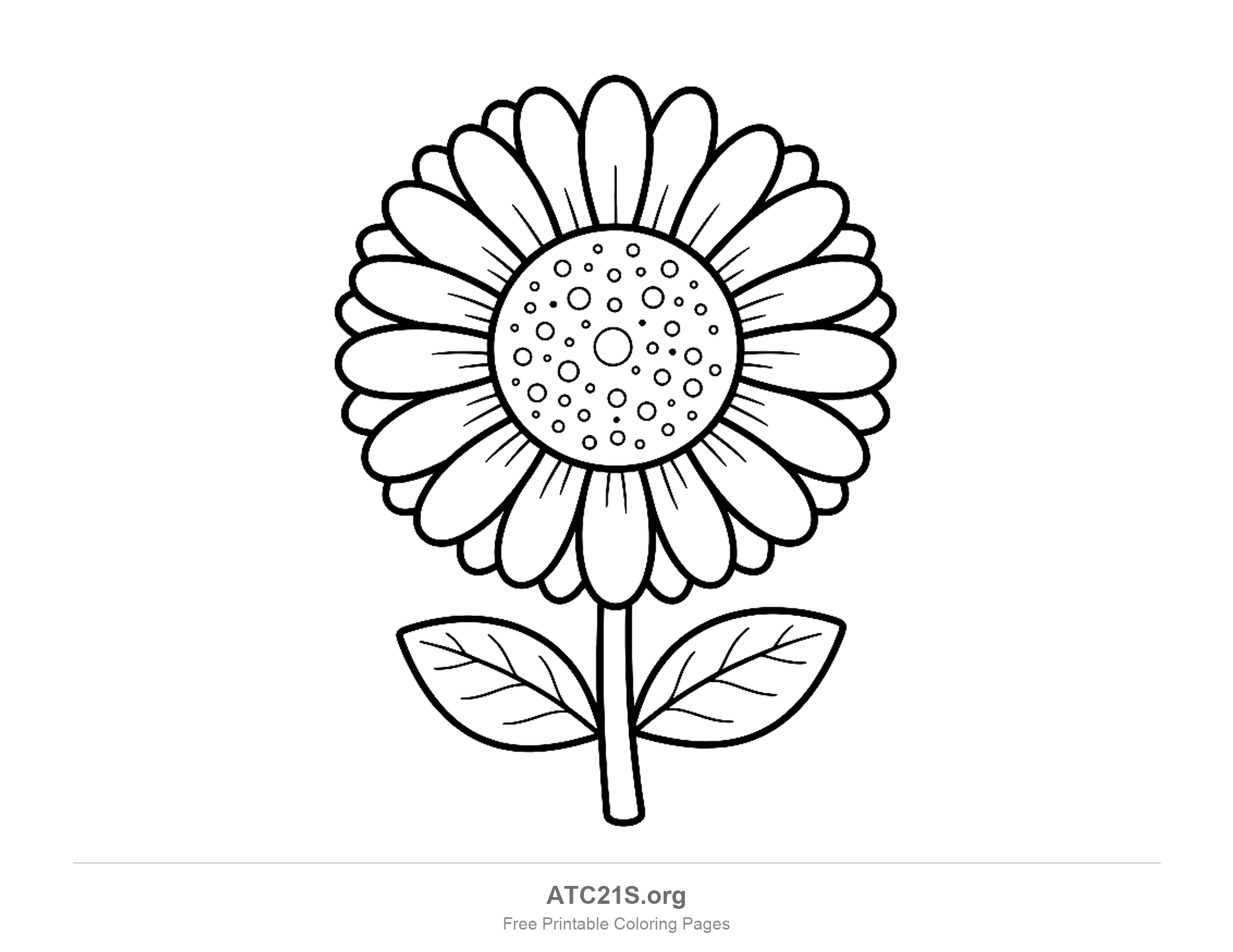 Daisy with wide rounded petals and a second ring peeking out behind, a big centre scattered with circles of different sizes and two veined leaves, daisy coloring page