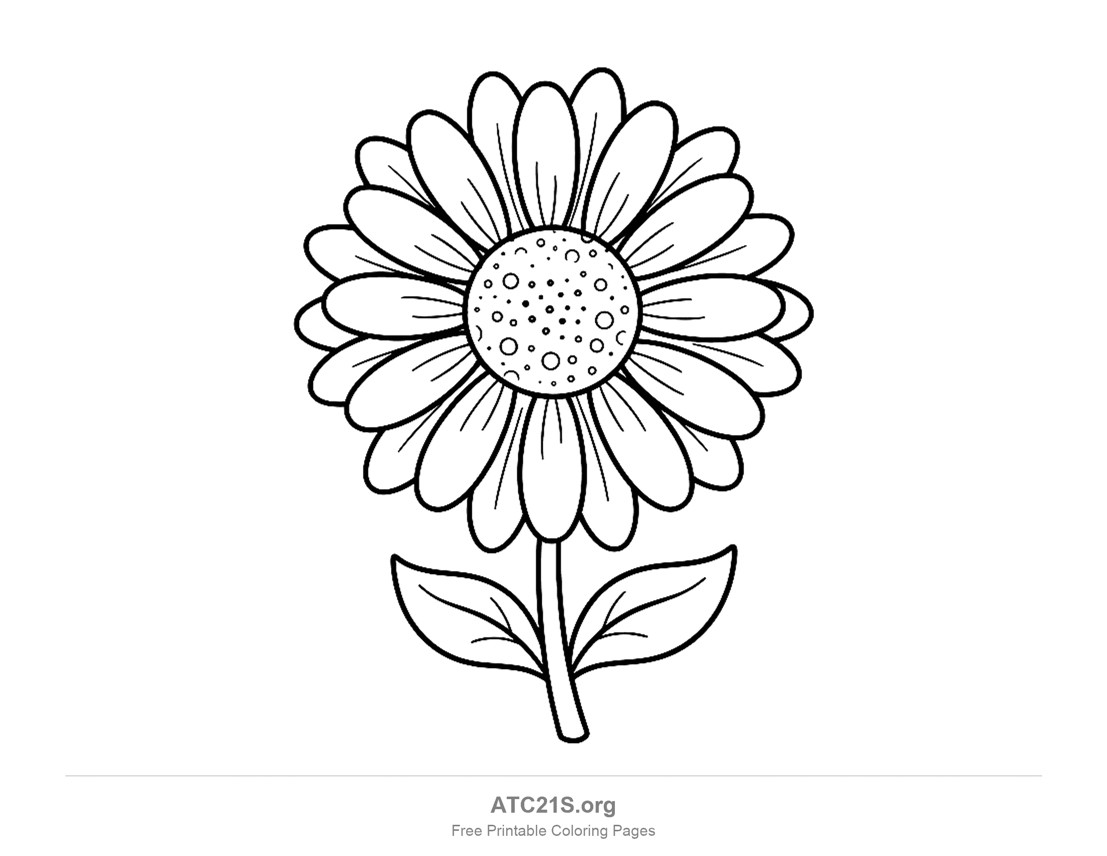 Full daisy bloom with two rings of petals marked with crease lines, a dotted centre and two veined leaves on a curving stem, detailed flower coloring page
