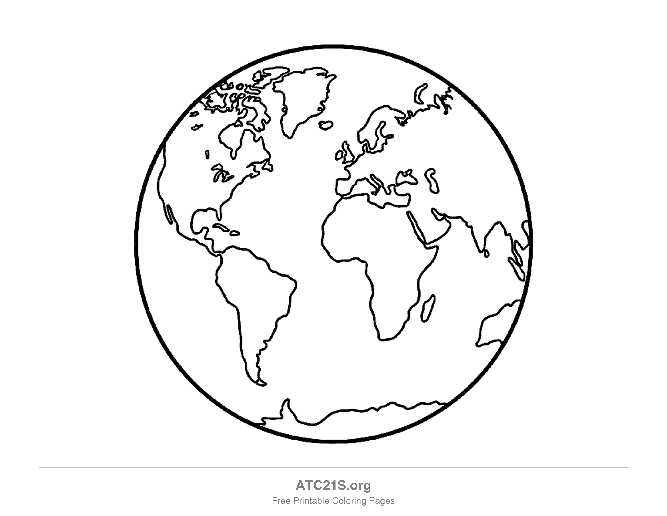 Globe in bold outlines showing North and South America on the left, Europe and Africa on the right, Greenland at the top and Antarctica along the bottom, easy earth coloring page for kids