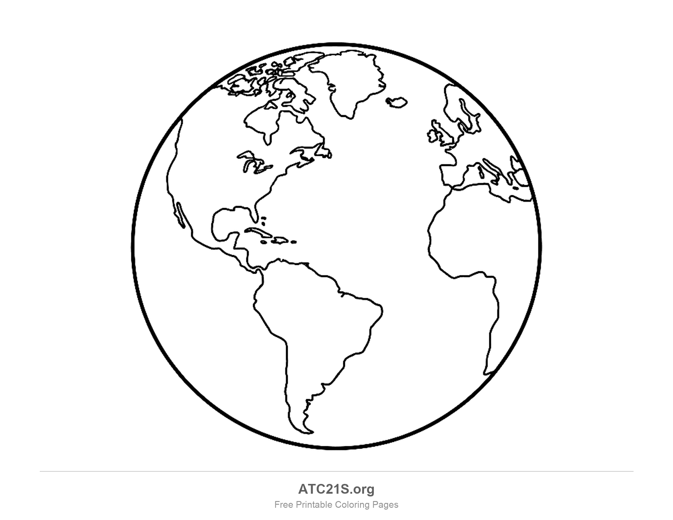 Globe turned to show North and South America with the islands of northern Canada, the Great Lakes and the Caribbean, and the edges of Europe and Africa across the Atlantic Ocean, earth coloring page for kids