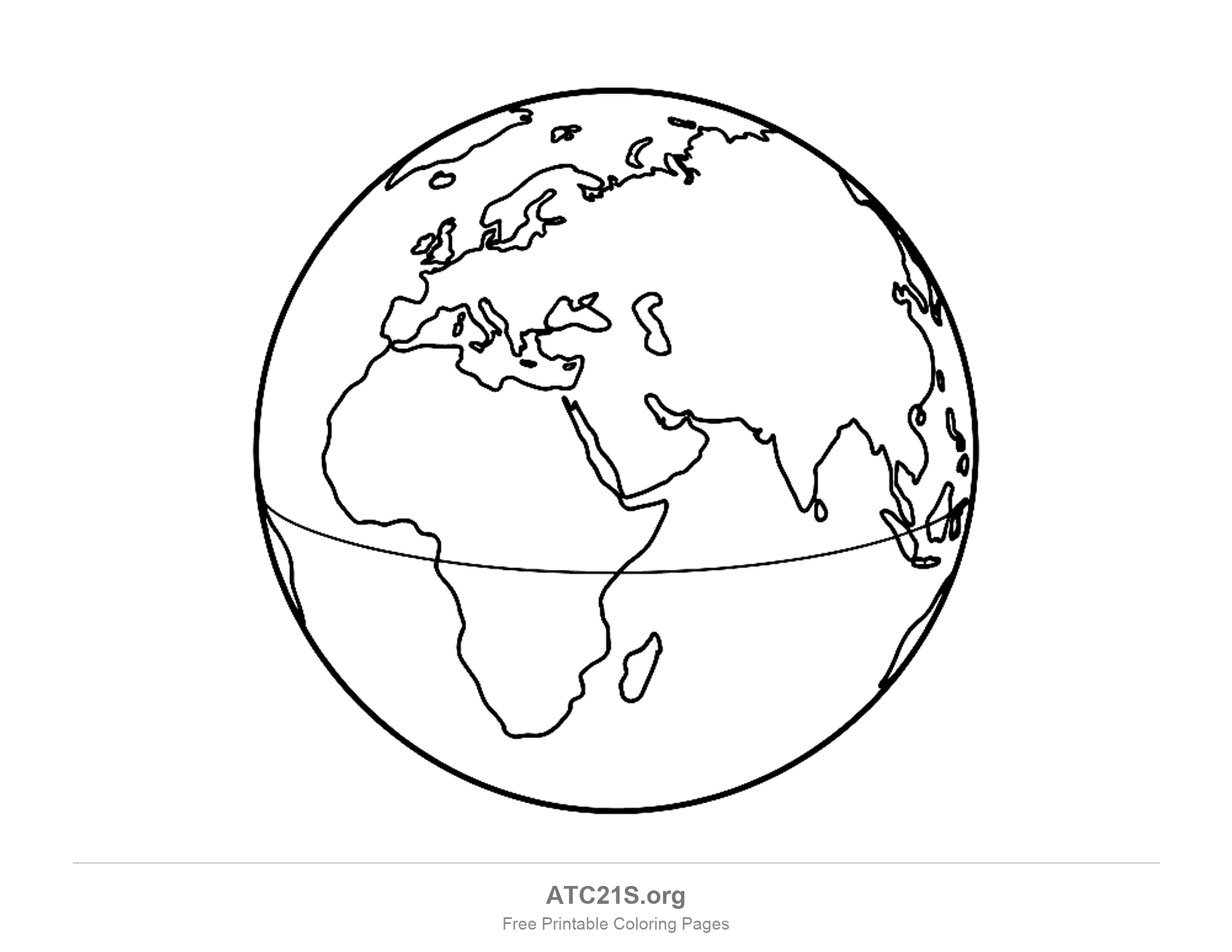 Globe showing Europe, Africa and Asia with Arabia, India and Madagascar, and a line across the middle marking the equator, earth coloring page for kids