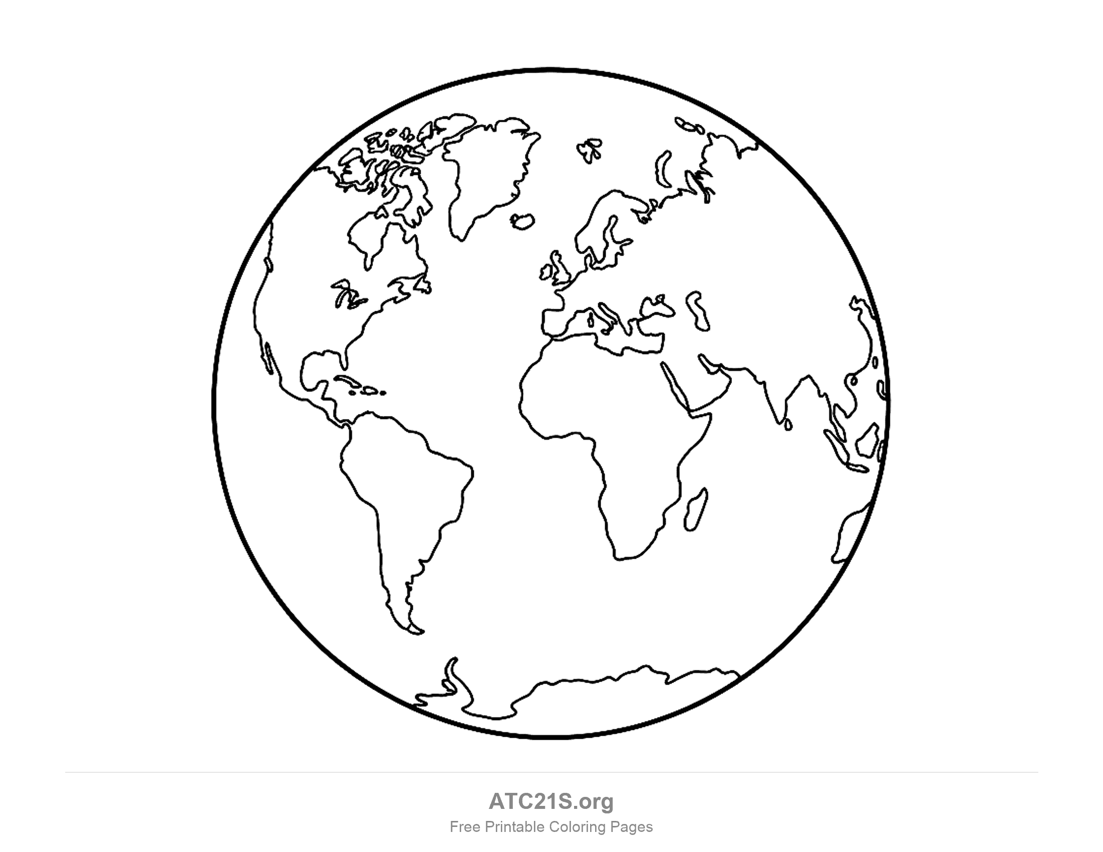 Large globe filling the page with the Americas, Greenland, Europe, Africa and Antarctica and many small Arctic islands, earth coloring page for school-age kids