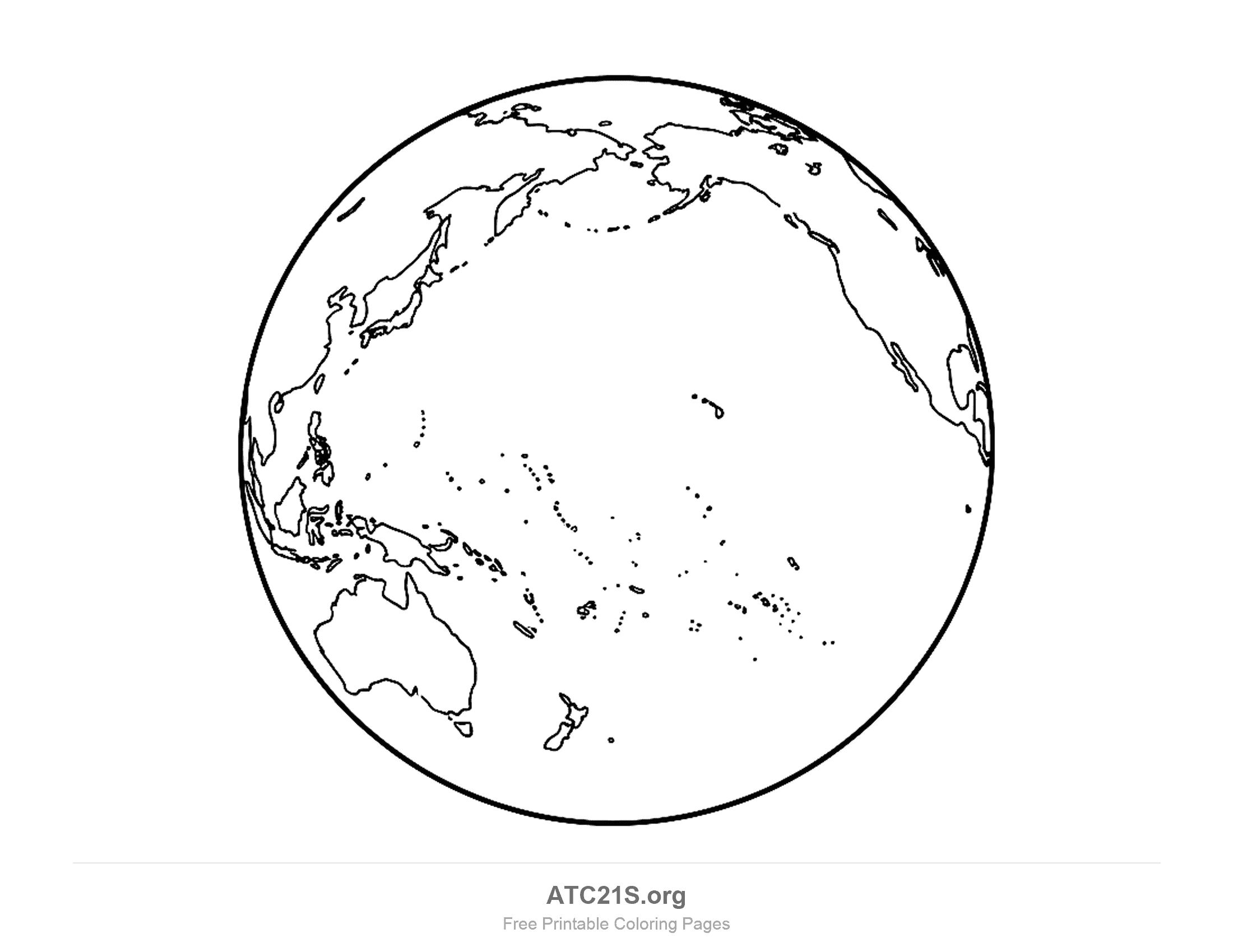Globe turned to the Pacific Ocean with the coast of Asia and Japan, Alaska and North America, Australia and New Zealand, and chains of tiny dotted islands, detailed earth coloring page for kids