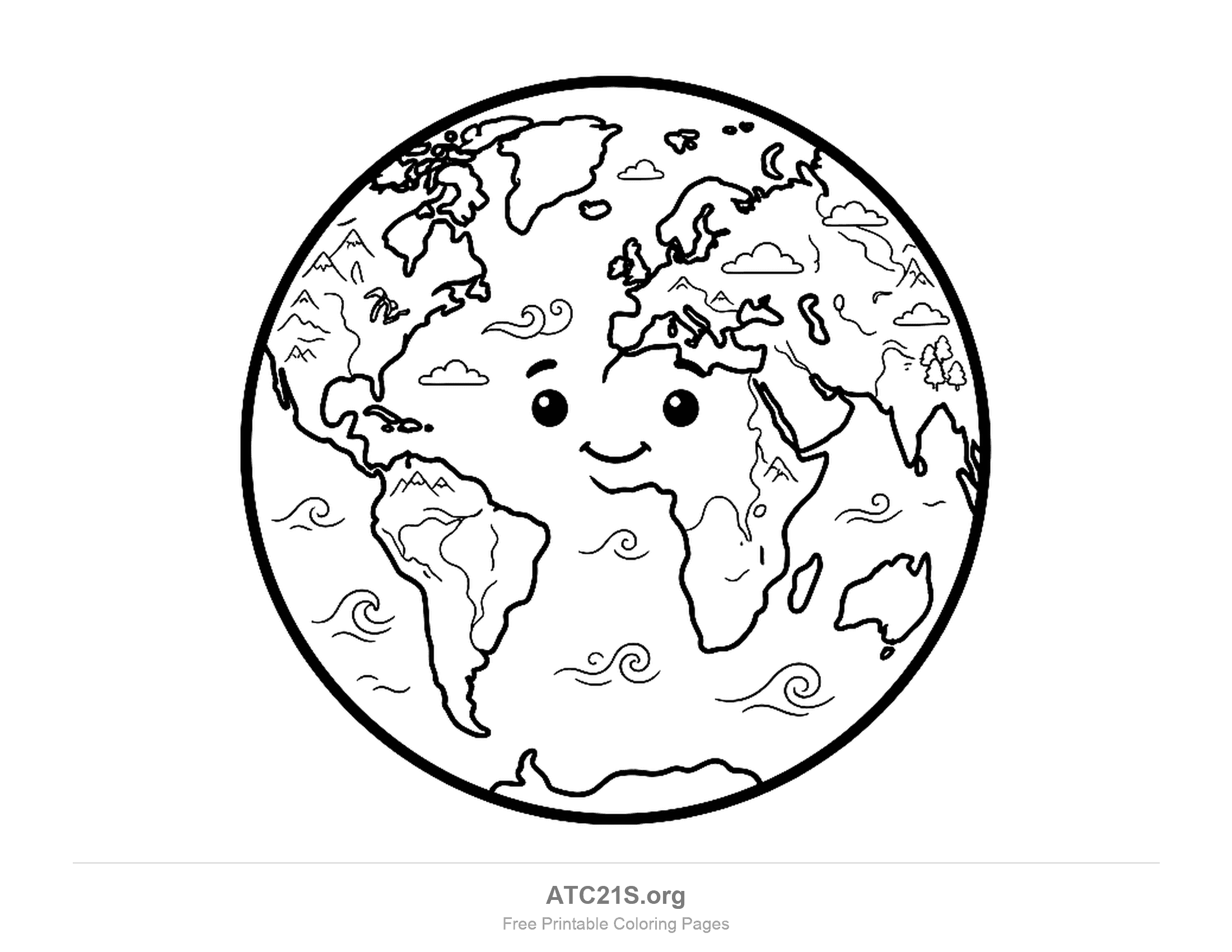 Cartoon planet Earth in thick lines with a smiling face, small clouds, curly ocean waves, and mountains, pine trees and rivers drawn on the continents, detailed earth coloring page for older kids