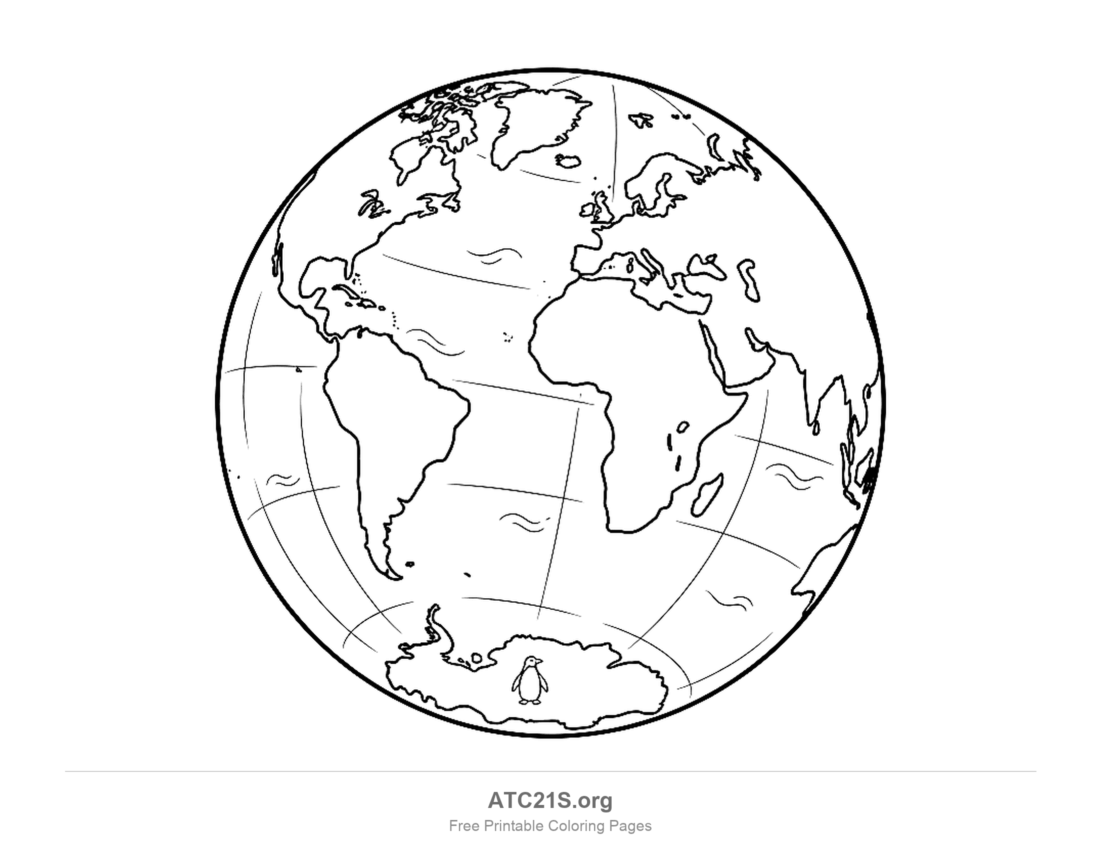 Globe criss-crossed with lines of latitude and longitude, small waves on the oceans and a penguin standing on Antarctica, detailed earth coloring page for older kids and adults