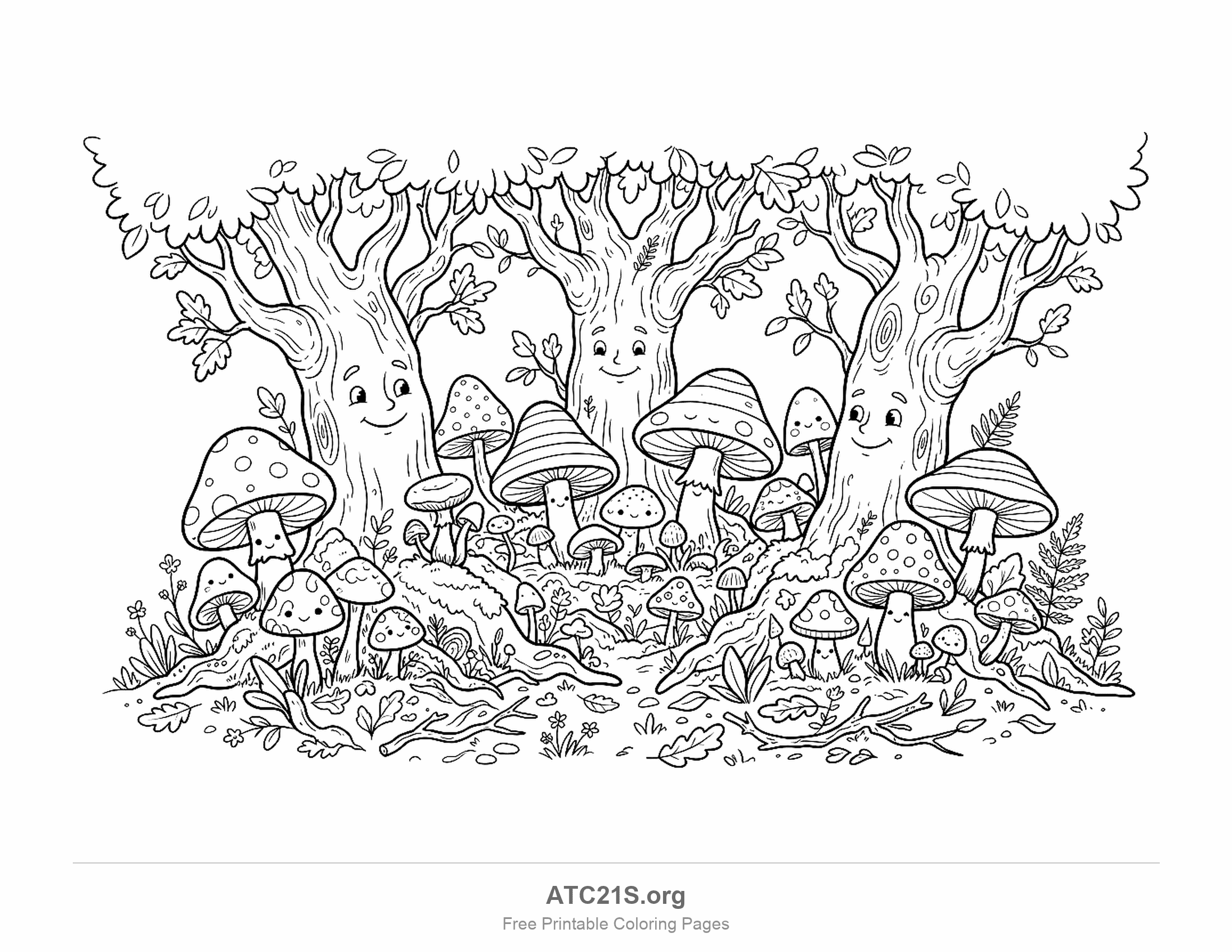 Three big trees with smiling faces on their trunks surrounded by spotted and striped mushrooms, some with smiling faces, plus ferns, flowers, twigs and fallen leaves, cute forest coloring page for kids