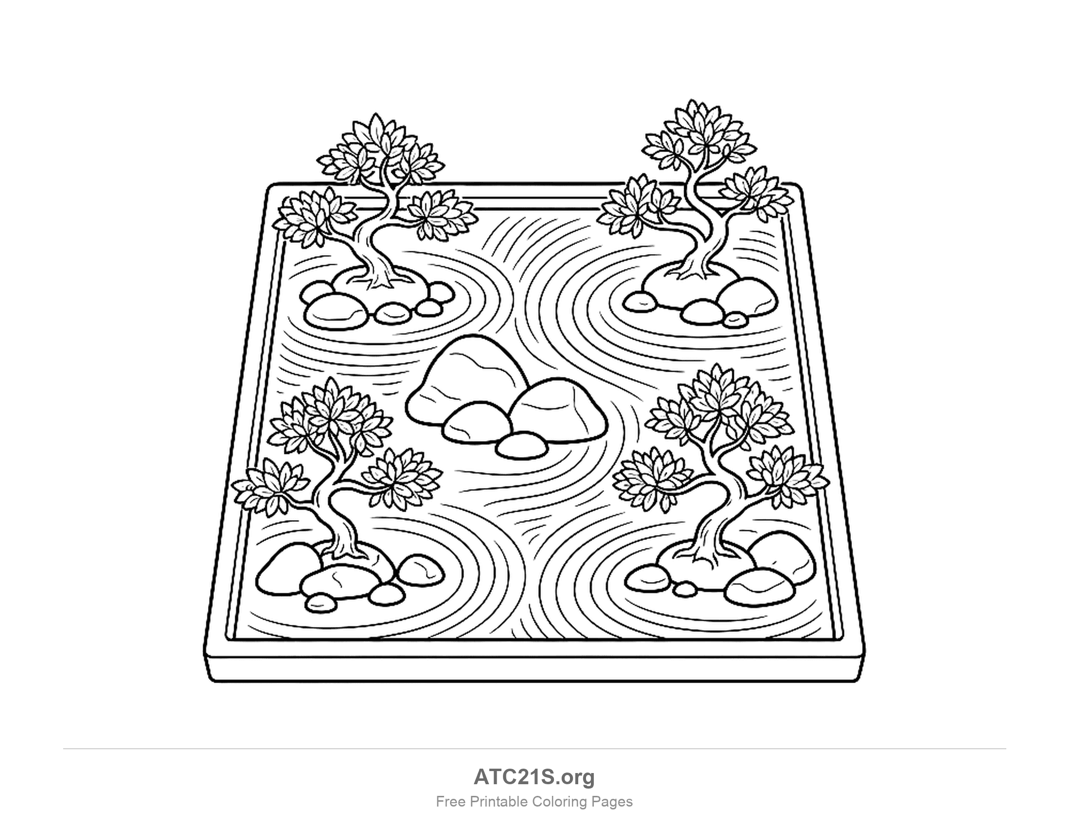 Japanese rock garden in a square tray with four little twisting trees on pebble islands, a group of rounded boulders in the middle and swirling raked sand, simple garden coloring page for kids