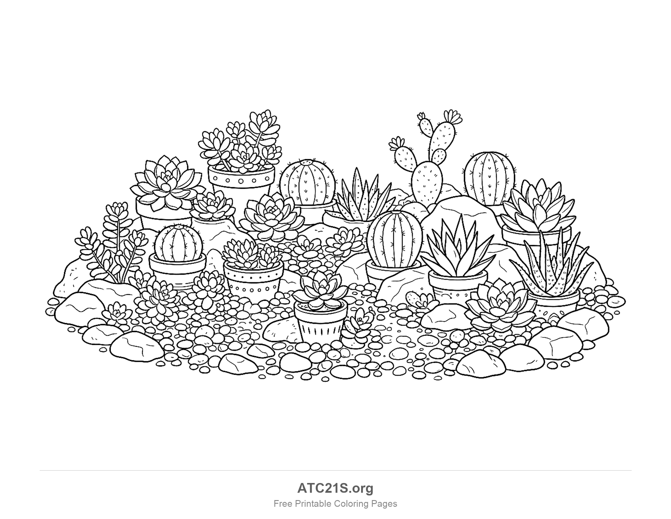 Rockery of rosette succulents, round ribbed cacti, a prickly pear and spiky aloes, many in dotted clay pots, among boulders and hundreds of pebbles, detailed garden coloring page