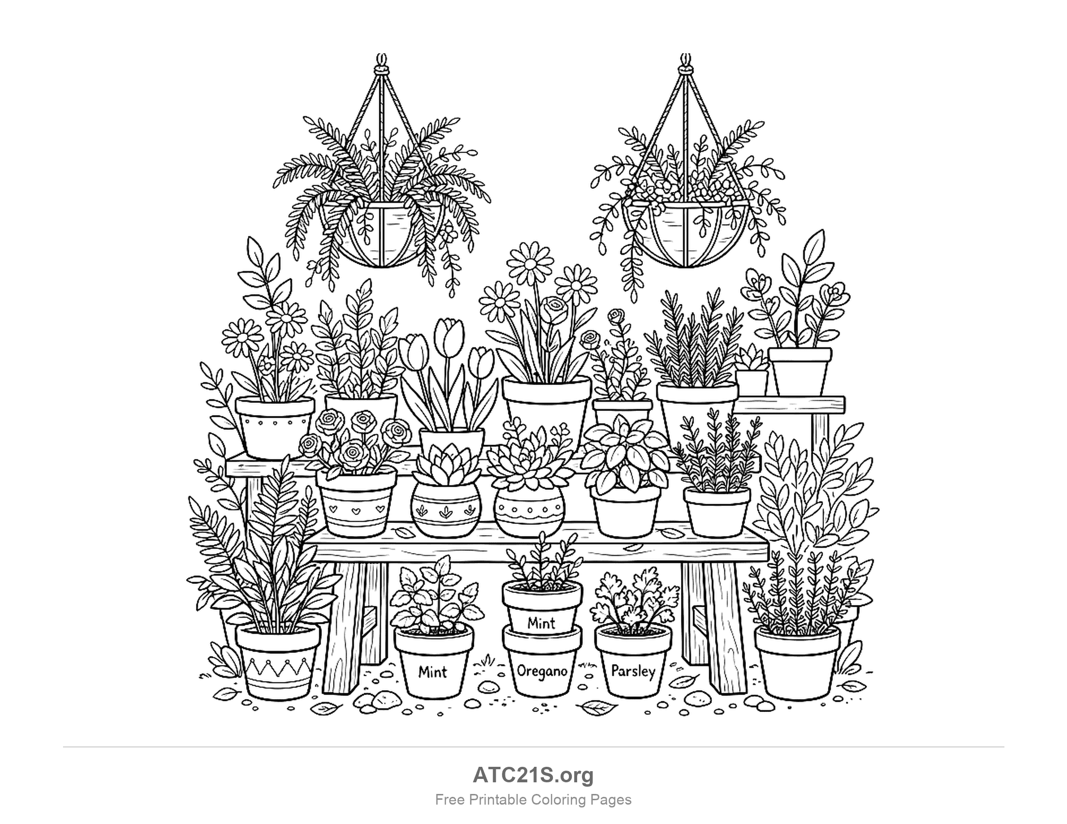 Wooden potting bench crowded with pots of tulips, daisies, roses and succulents, two hanging baskets above and herb pots labelled Mint, Oregano and Parsley below, detailed garden coloring page