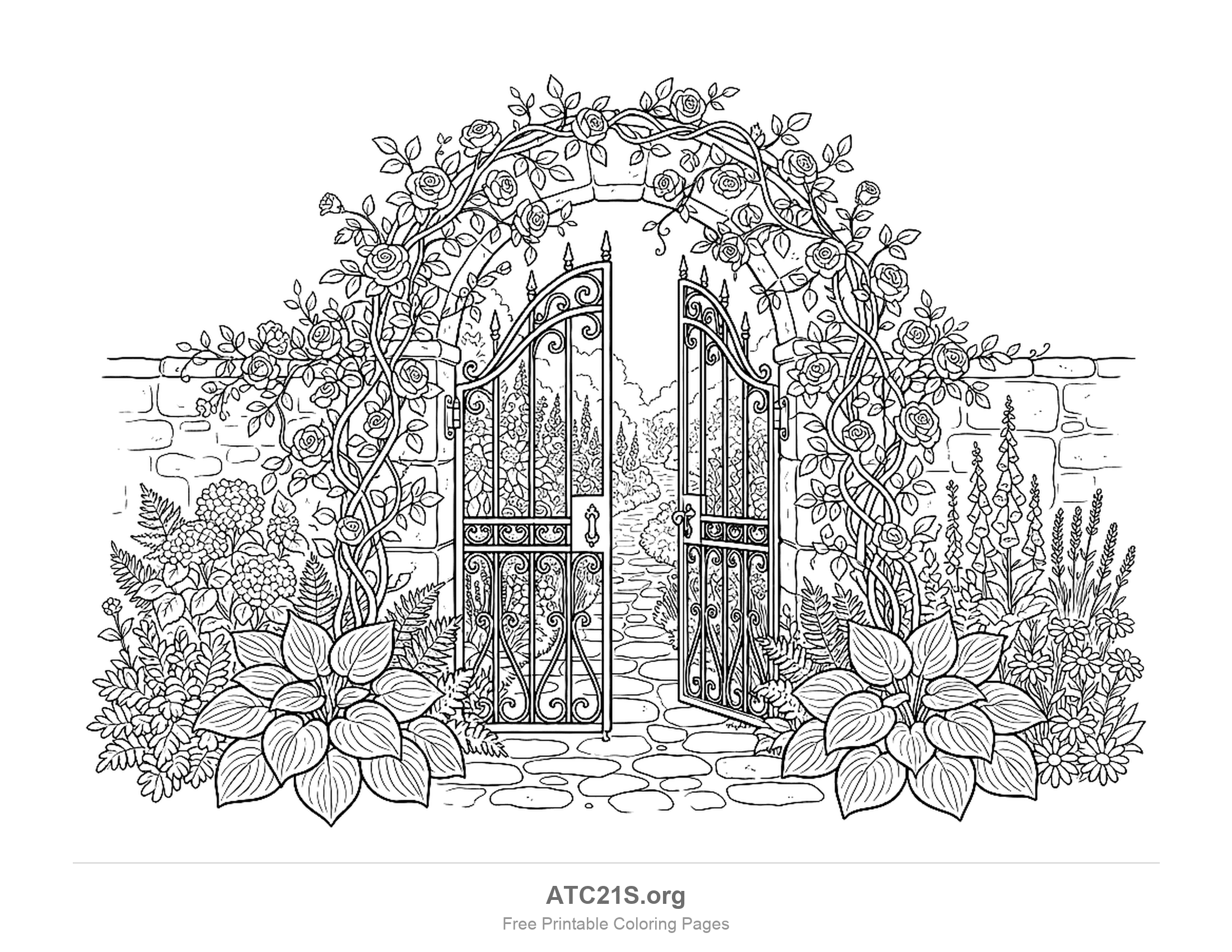 Curly wrought-iron gates open in an old stone wall under an arch of climbing roses, with hostas, ferns, foxgloves and lavender beside a cobbled path, detailed secret garden coloring page for older kids
