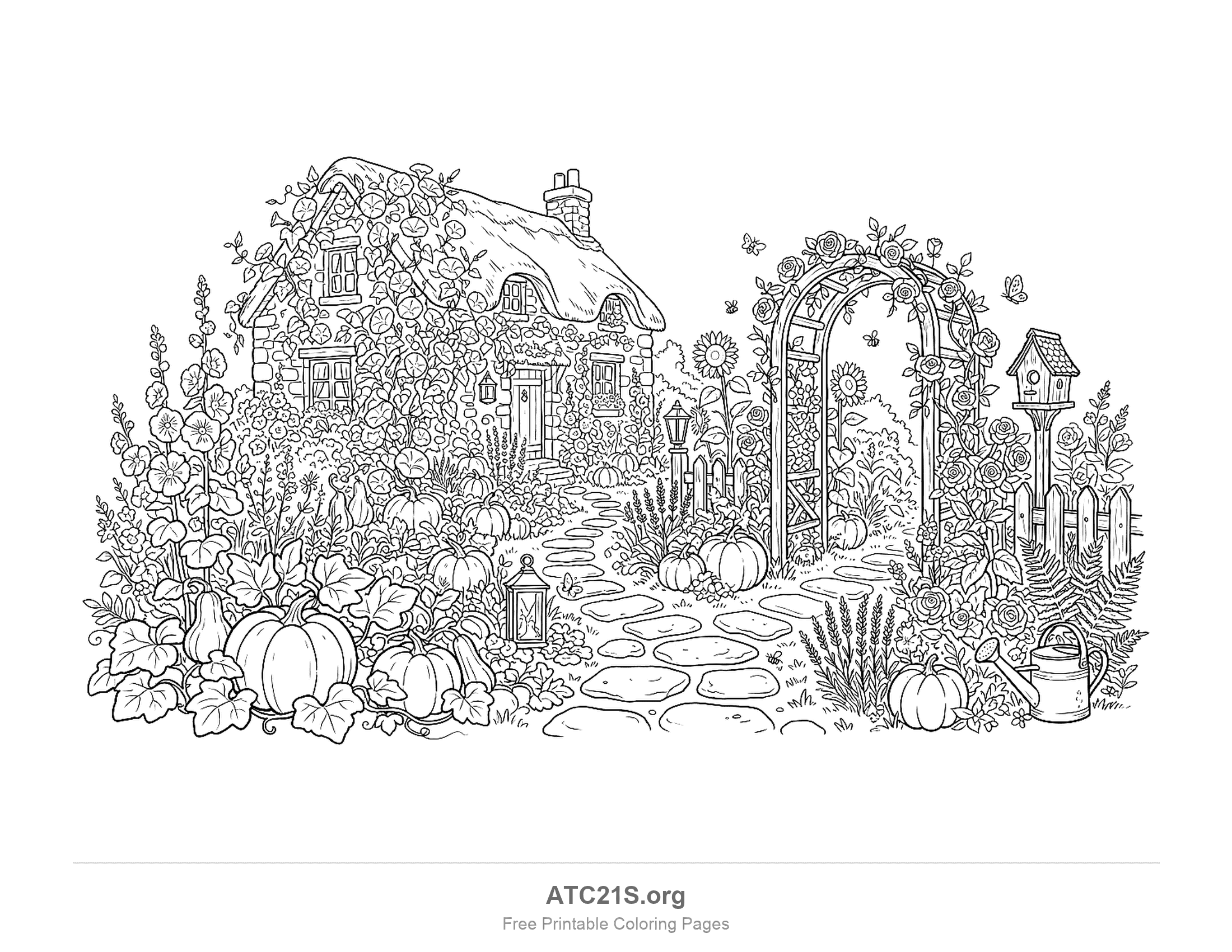 Thatched stone cottage covered in climbing flowers, with hollyhocks, pumpkins, a rose arch, sunflowers, a birdhouse, a watering can, bees and butterflies along a stepping-stone path, detailed garden coloring page for older kids