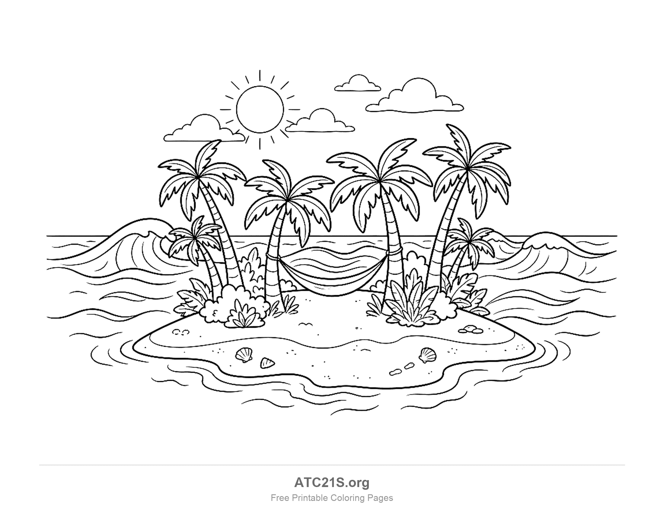 Small sandy island with six palm trees, a hammock strung between two of them, leafy bushes and seashells, curling waves around it and a sun with clouds above, beach landscape coloring page for kids