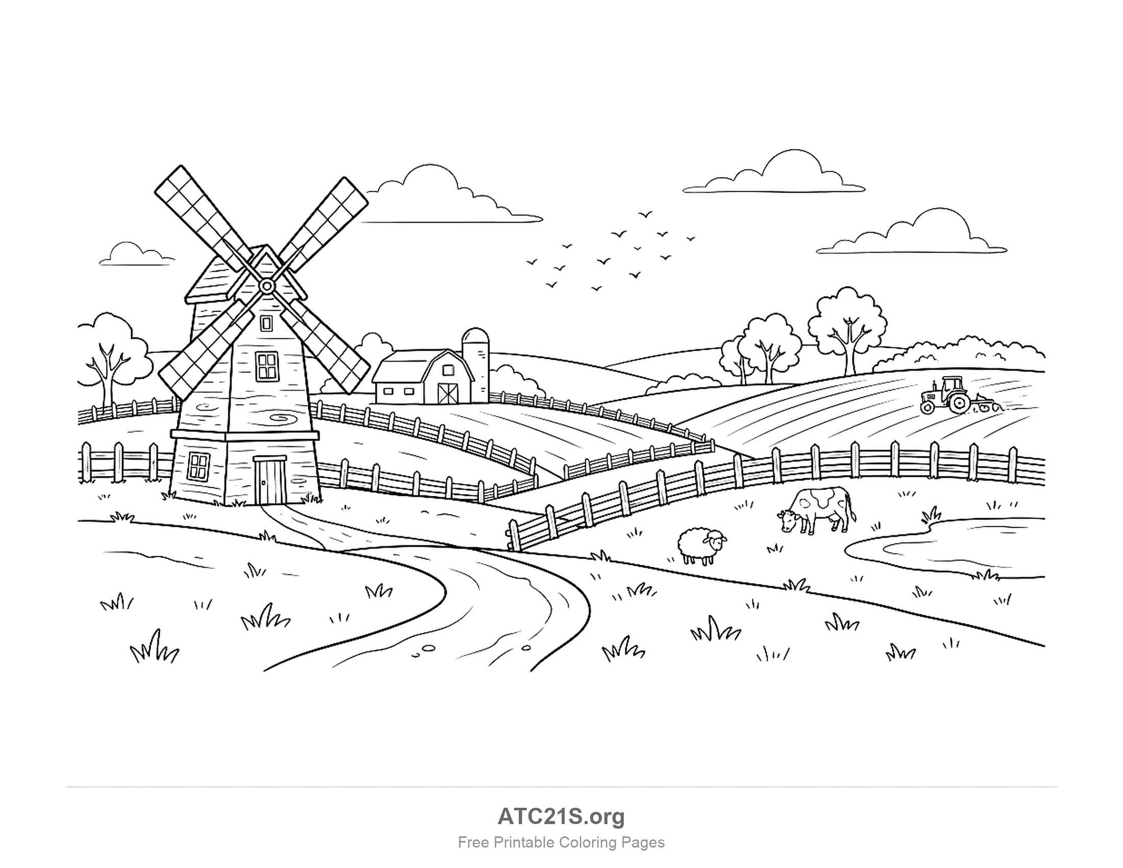 Farm with a wooden windmill, barn and silo, curving fences across the fields, a tractor on a far hill, a cow and sheep grazing by a pond and a dirt road, countryside landscape coloring page for kids