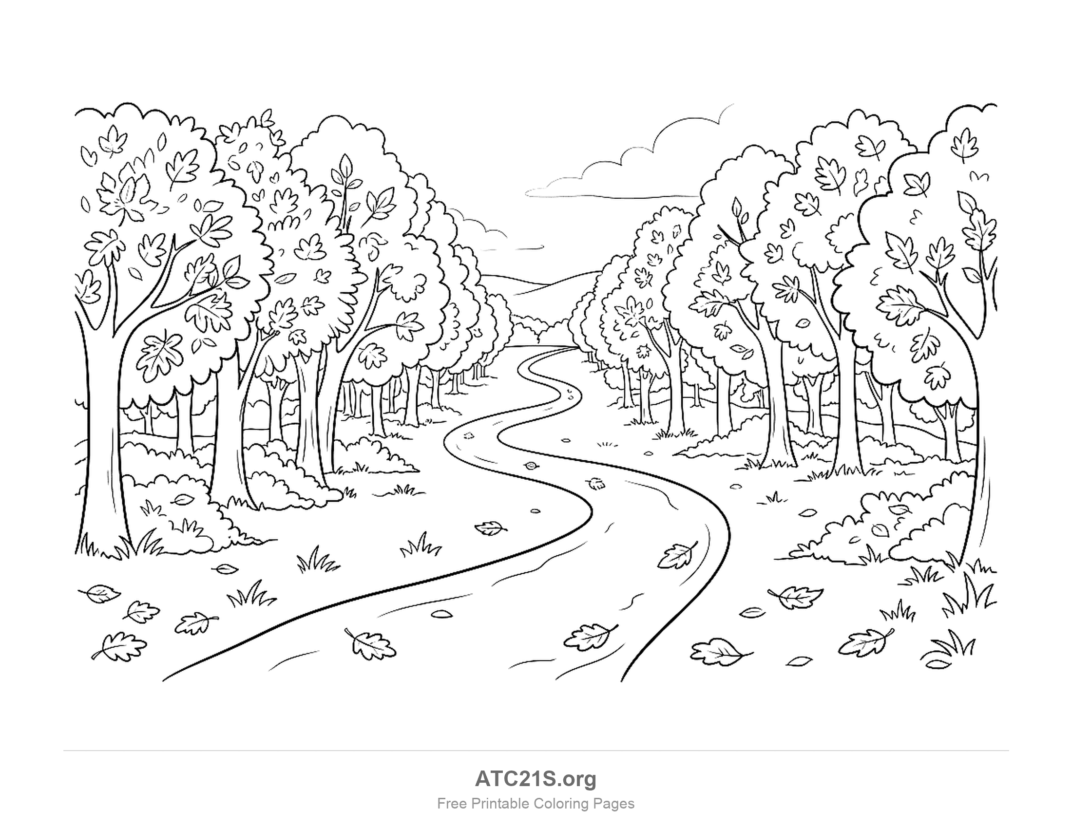 Path winding into the distance between two rows of leafy trees, with fallen leaves scattered over the path and grass and hills far behind, autumn forest landscape coloring page for school-age kids