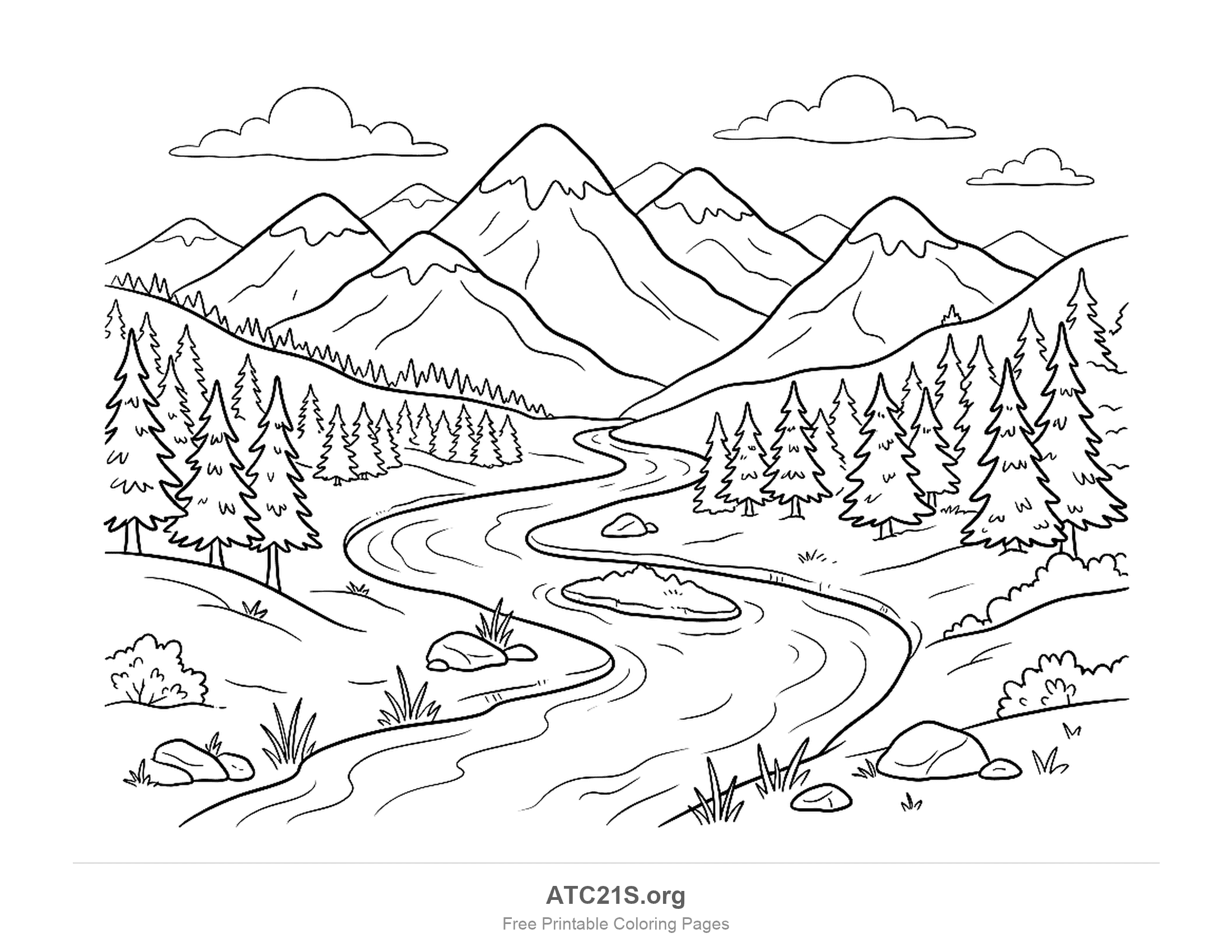 River curling back through a valley past rocks, reeds and a small island, between two pine forests towards a range of snow-capped mountain peaks, detailed landscape coloring page for kids