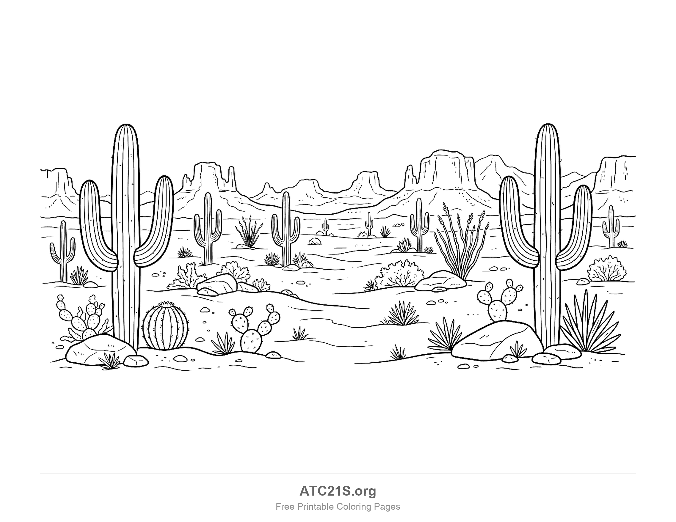 Desert scene framed by two giant saguaro cacti, with smaller saguaros, a barrel cactus, prickly pears, agaves, an ocotillo, boulders and pebbles in front of flat-topped mesas, detailed desert landscape coloring page