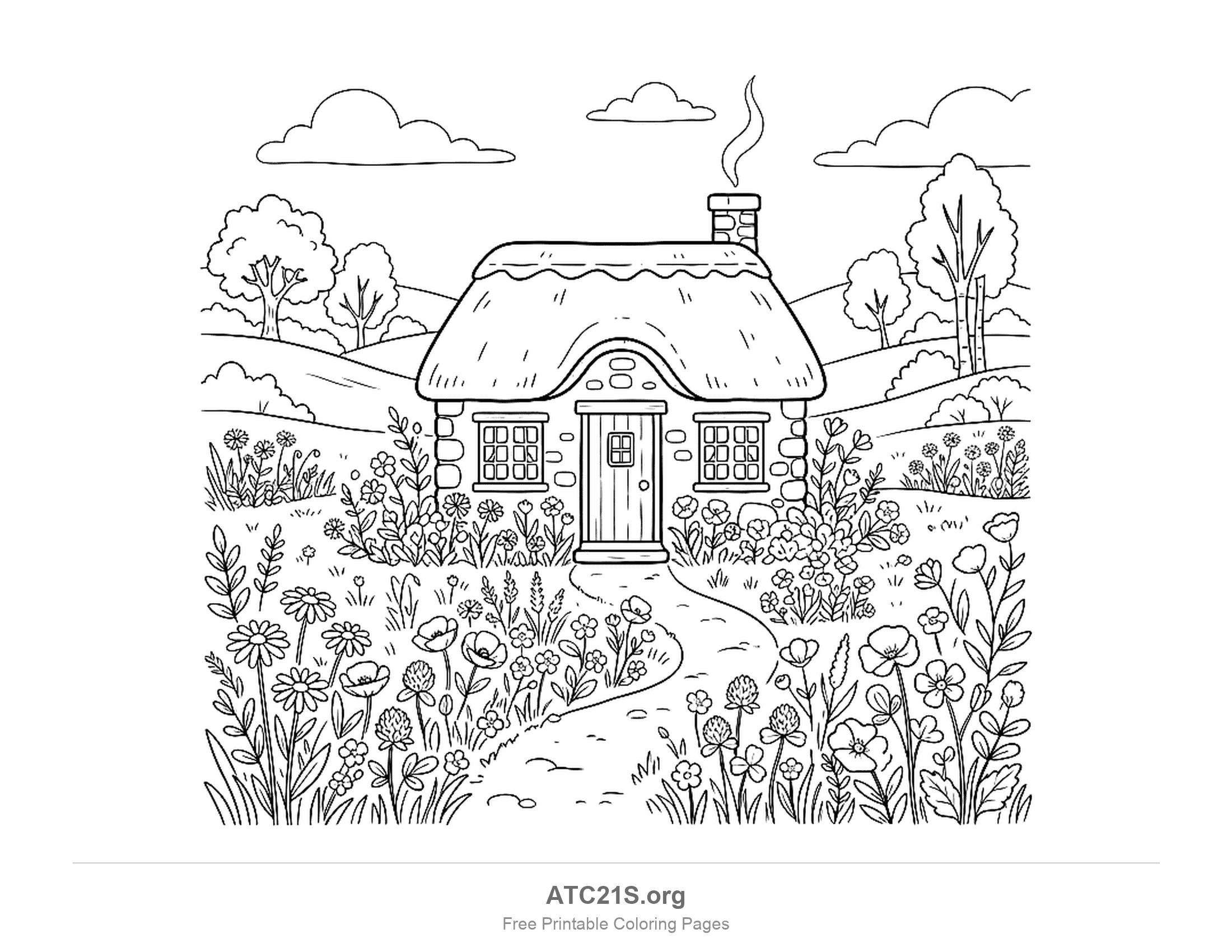 Thatched stone cottage with a smoking chimney, small-paned windows and a plank door, a path winding through a meadow full of daisies, poppies, clover and lavender, detailed landscape coloring page for older kids