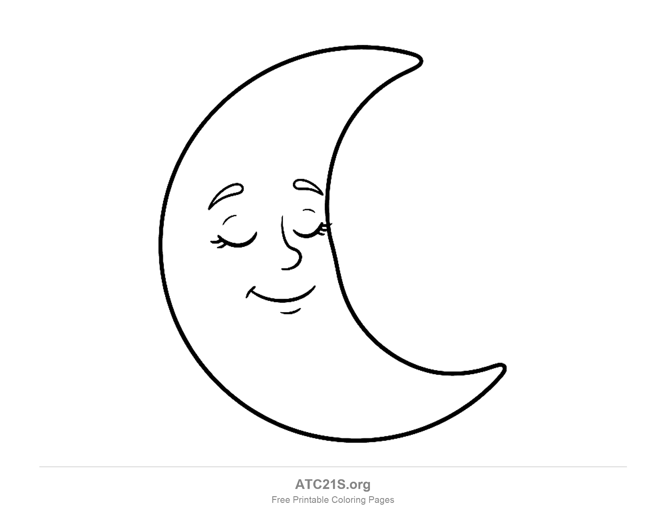 Tall crescent moon fast asleep with closed eyes, long lashes and a small smile, simple moon coloring page for preschoolers
