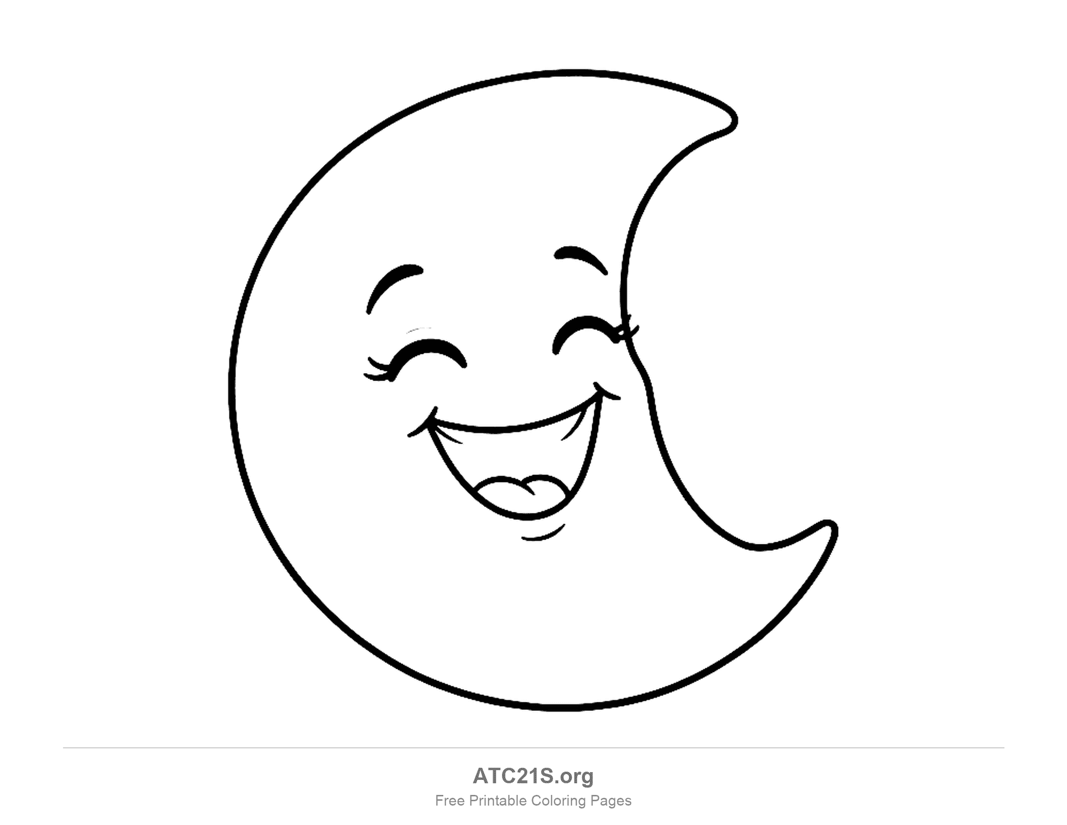 Crescent moon laughing with its eyes squeezed shut and a wide-open mouth showing its tongue, easy moon coloring page for kids