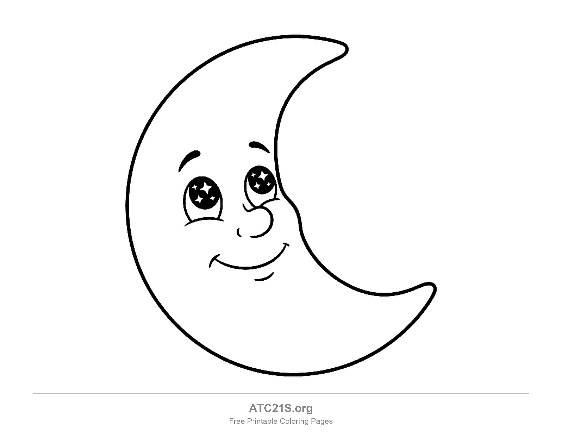 Smiling crescent moon with big dark eyes full of sparkling stars and a round button nose, printable moon coloring page