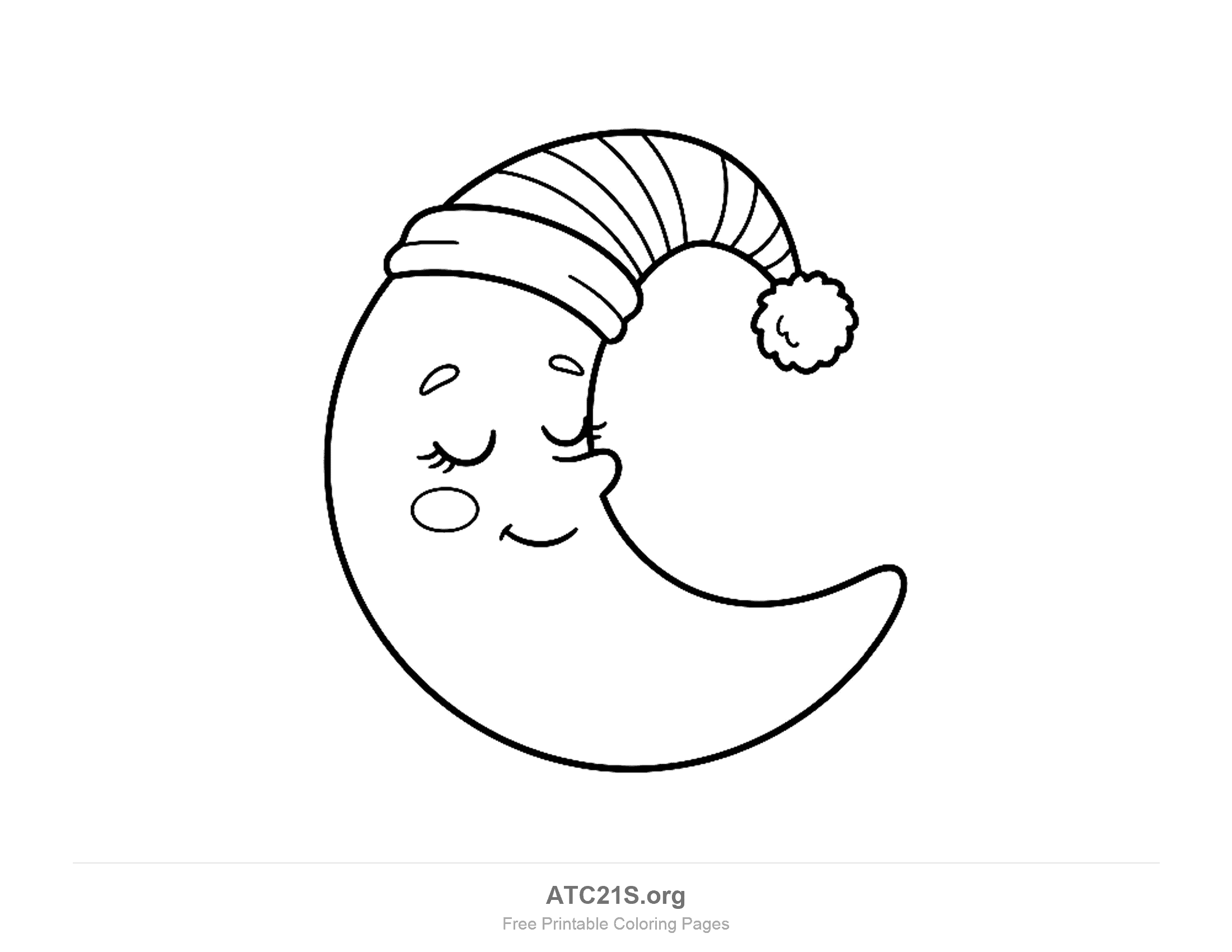 Sleepy crescent moon with closed eyes and a rosy cheek wearing a striped nightcap with a fluffy pompom, bedtime moon coloring page