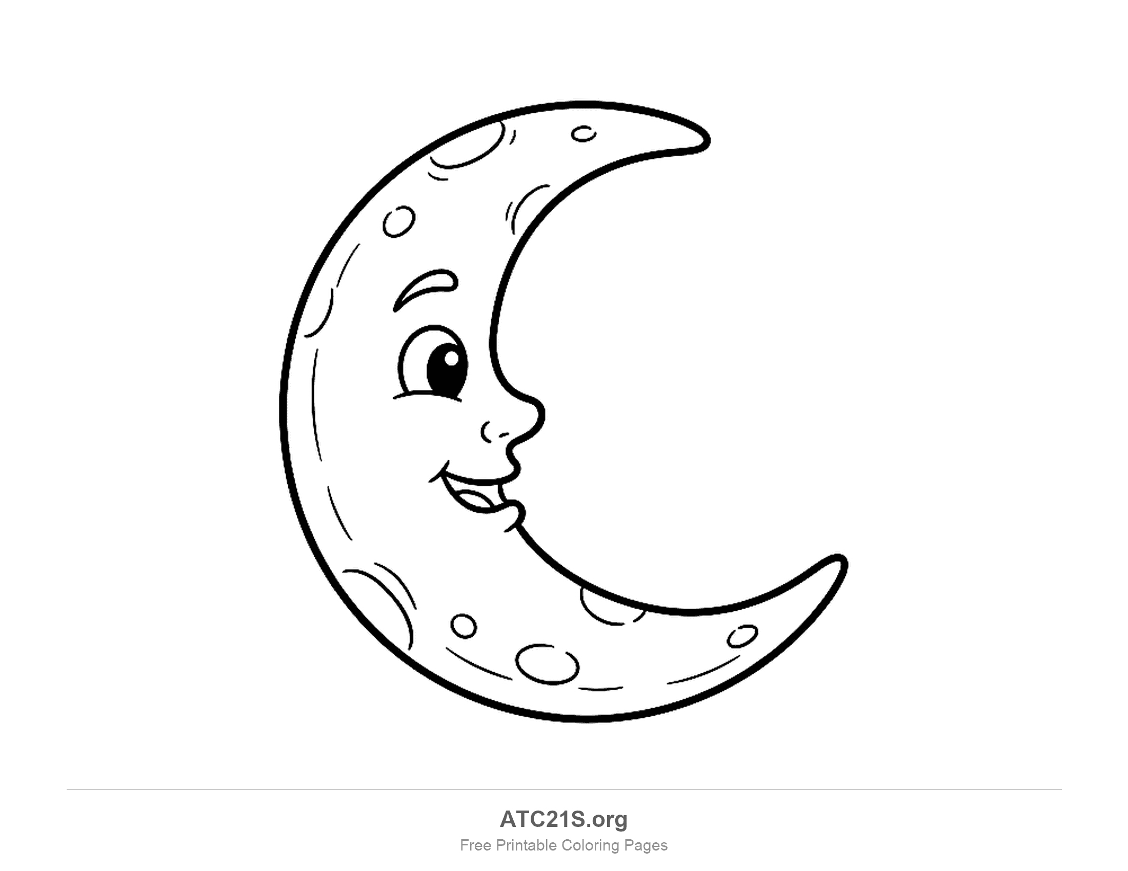 Slim crescent moon seen from the side with one eye, a pointed nose and an open smile along its inner curve, small craters dotted over its body, moon coloring page
