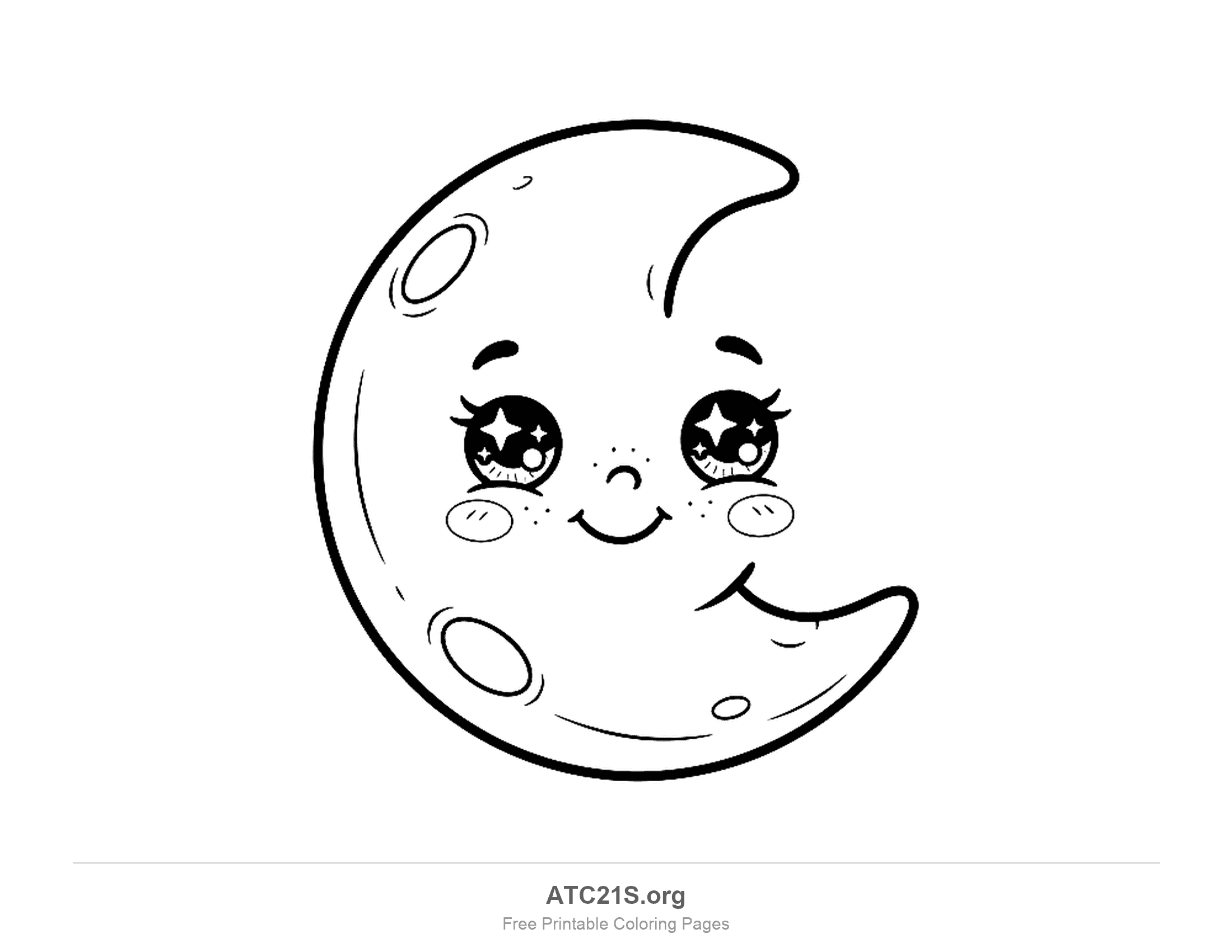 Chubby crescent moon with huge star-filled sparkly eyes, freckles, rosy cheeks and a few round craters, detailed moon coloring page