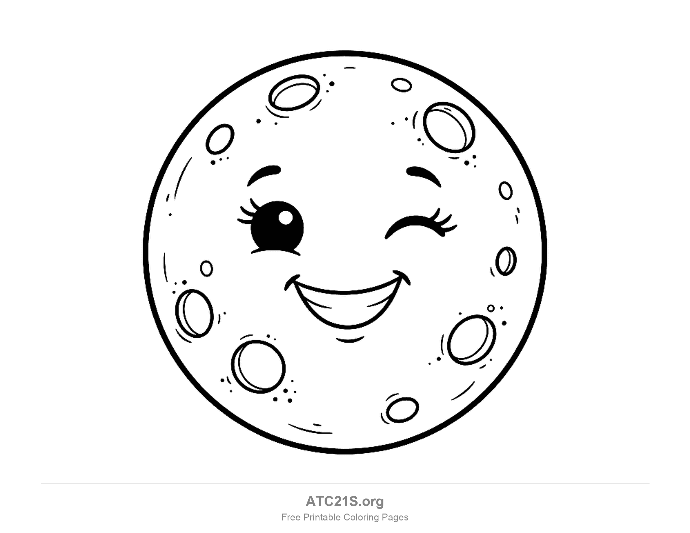 Winking full moon with long lashes and a big grin, covered in craters of every size with tiny speckles around them, detailed moon coloring page for older kids