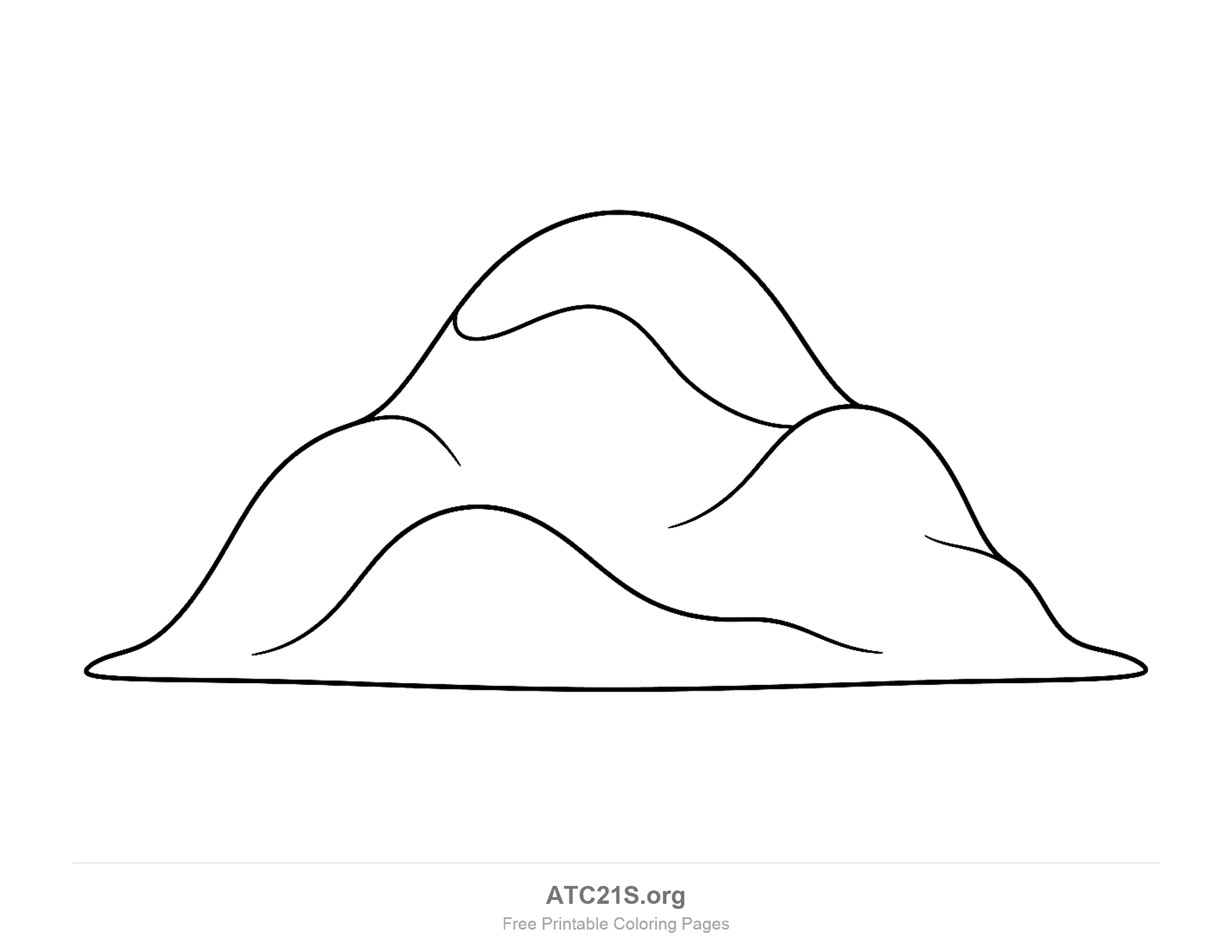 Rounded dome-shaped mountain with smaller humps overlapping in front of it, drawn in a few big bold shapes, easy mountain coloring page for preschoolers