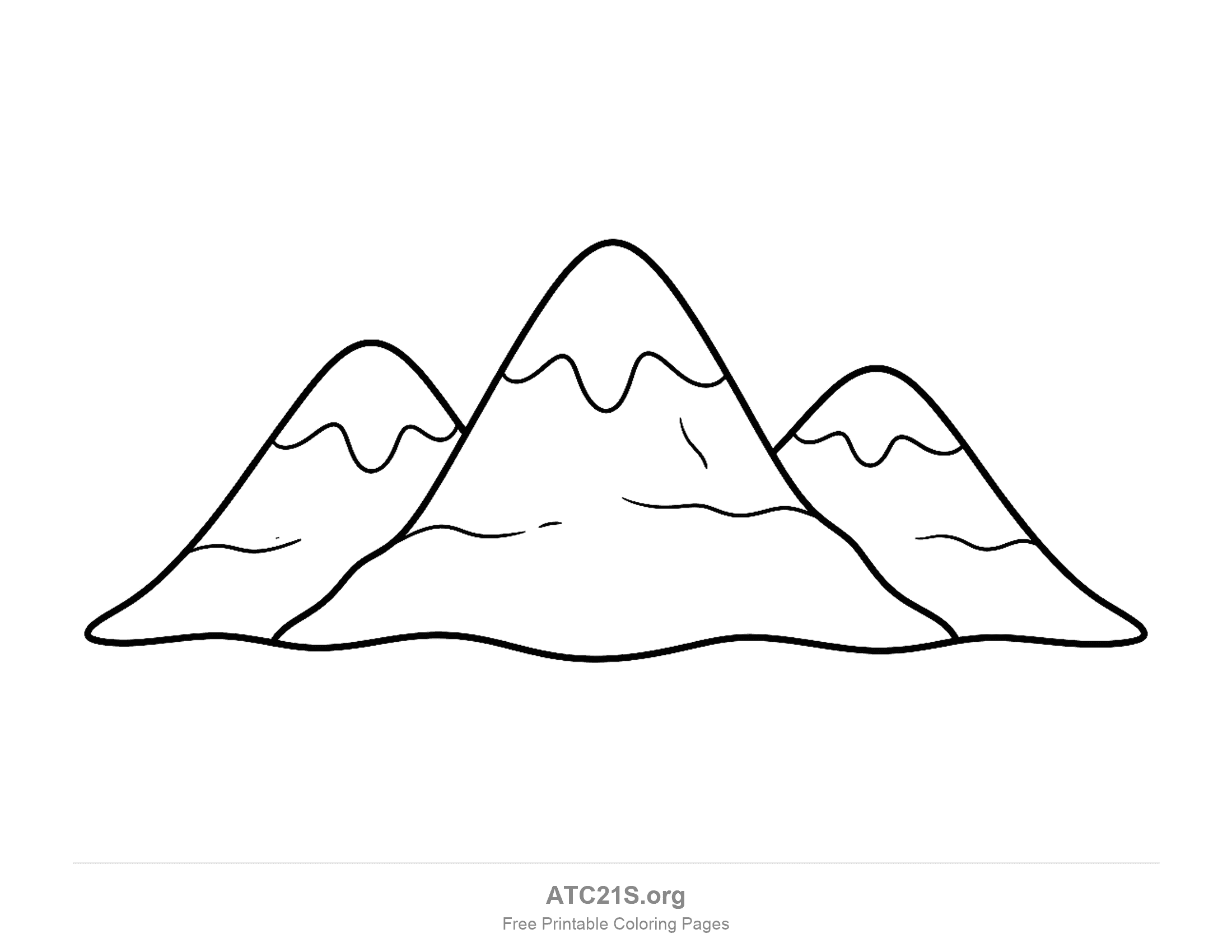 Three pointed mountain peaks side by side, the tallest in the middle, each with a drippy snow cap line and a wavy line across its slopes, easy mountain coloring page for young kids
