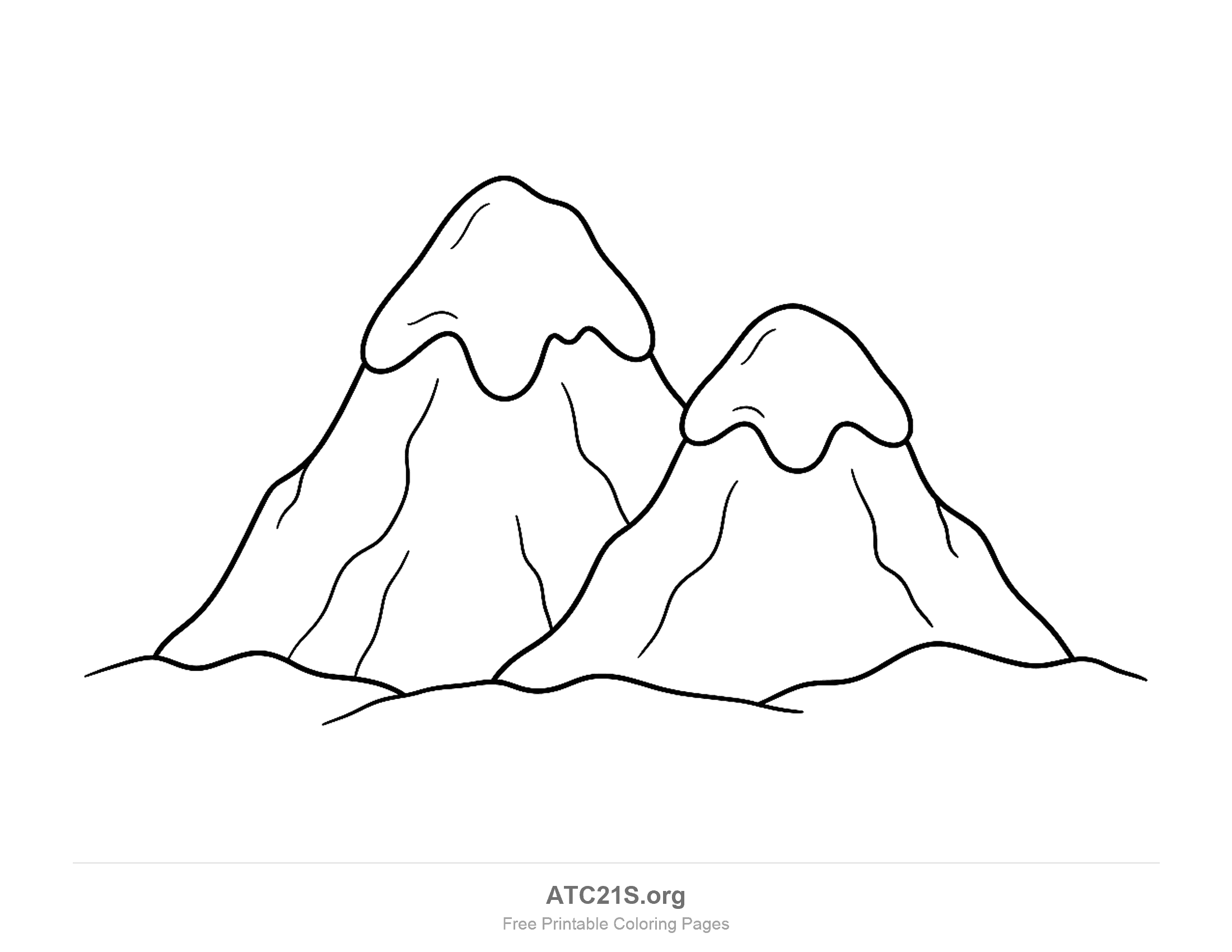 Two tall mountains one behind the other with thick rounded snow caps dripping down above wiggly ridge lines and rolling ground, snowy mountain coloring page for kids