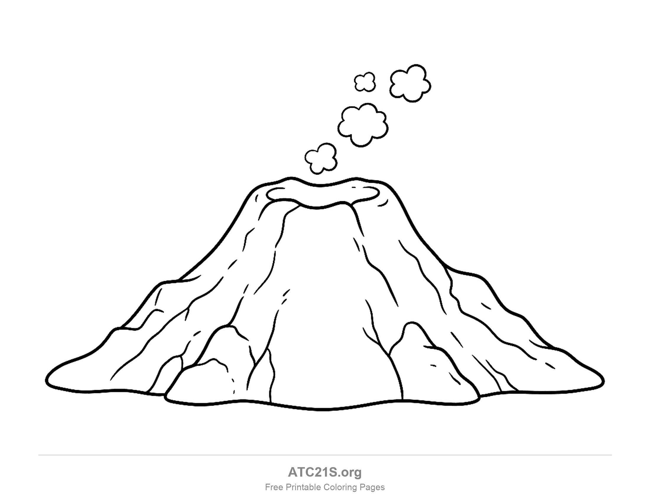 Volcano with a crater rim on its flat top, four puffs of smoke drifting up and rocky ridges running down its sides, volcano mountain coloring page for kids
