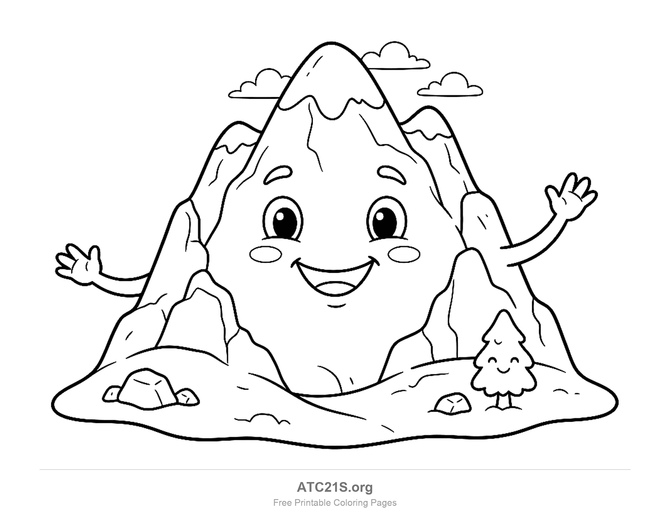 Cartoon mountain with a big smile, rosy cheeks and both arms waving, a snowy tip, two smaller peaks behind, three little clouds, a smiling pine tree and rocks at its foot, cute mountain coloring page for kids