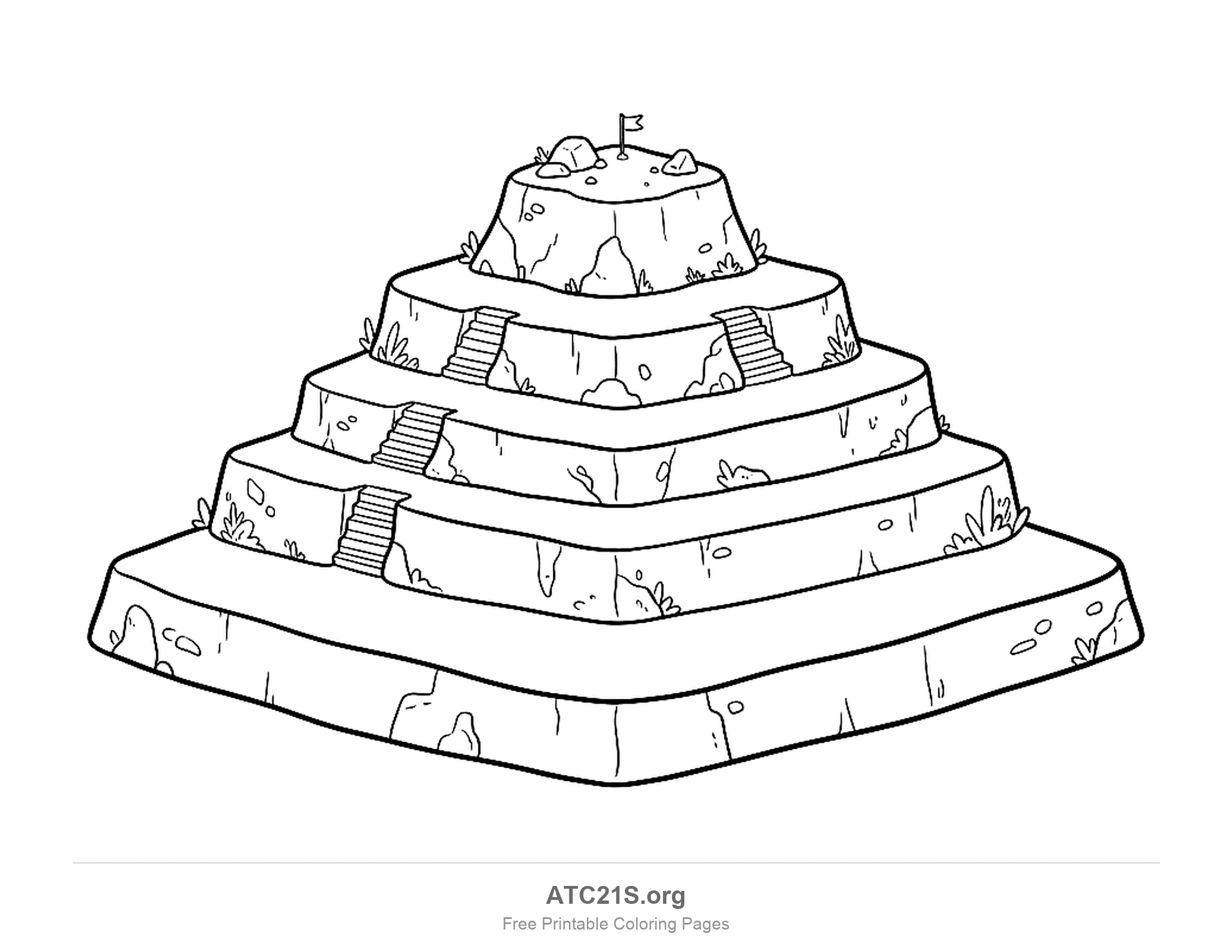 Stepped rocky mountain of five stacked terraces with carved staircases between the levels, grass tufts, boulders and a small flag on the summit, detailed mountain coloring page for school-age kids
