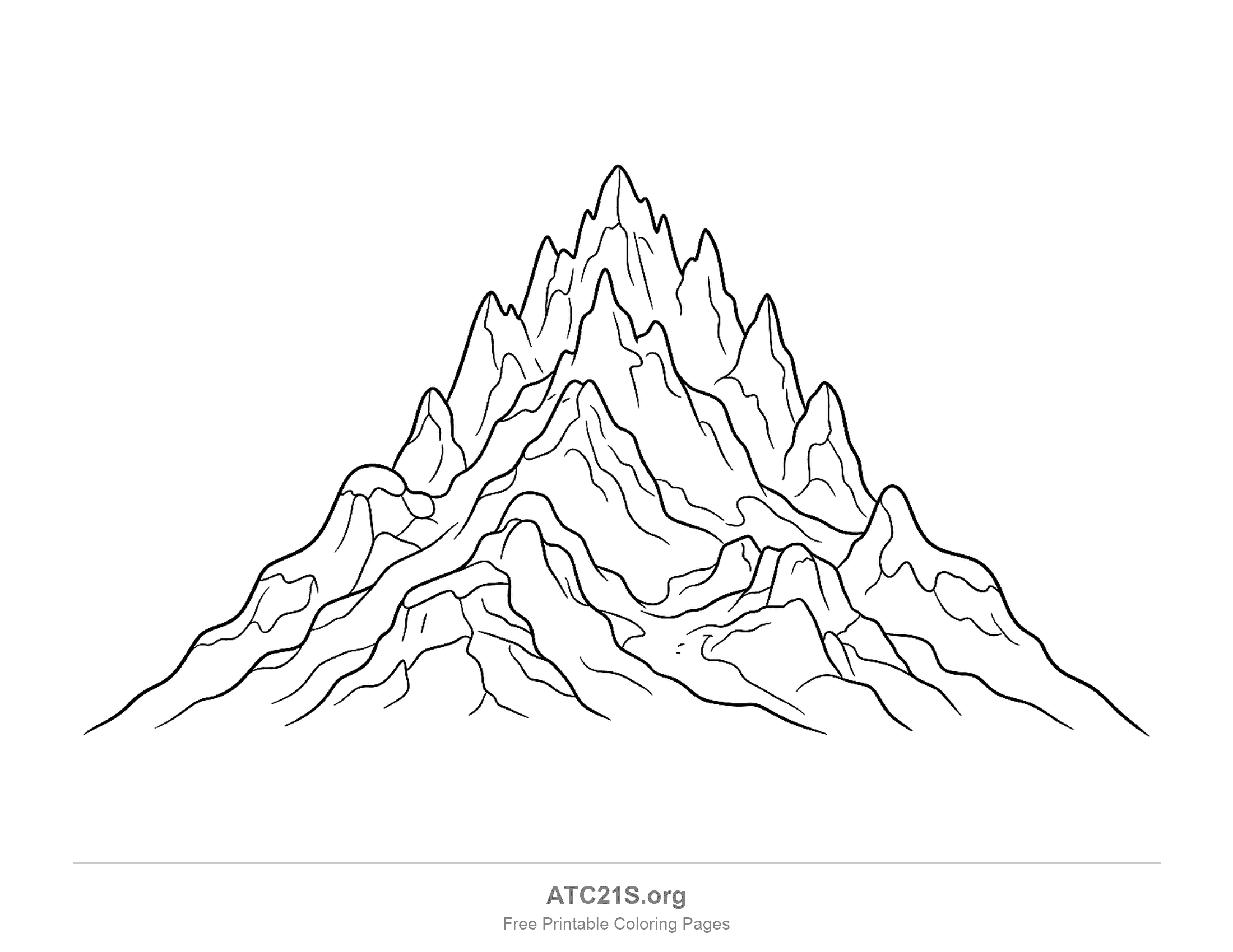 Craggy mountain of dozens of sharp needle-like spires crowding up to one tall summit, with every ridge, gully and rock crack drawn in, detailed mountain coloring page for older kids