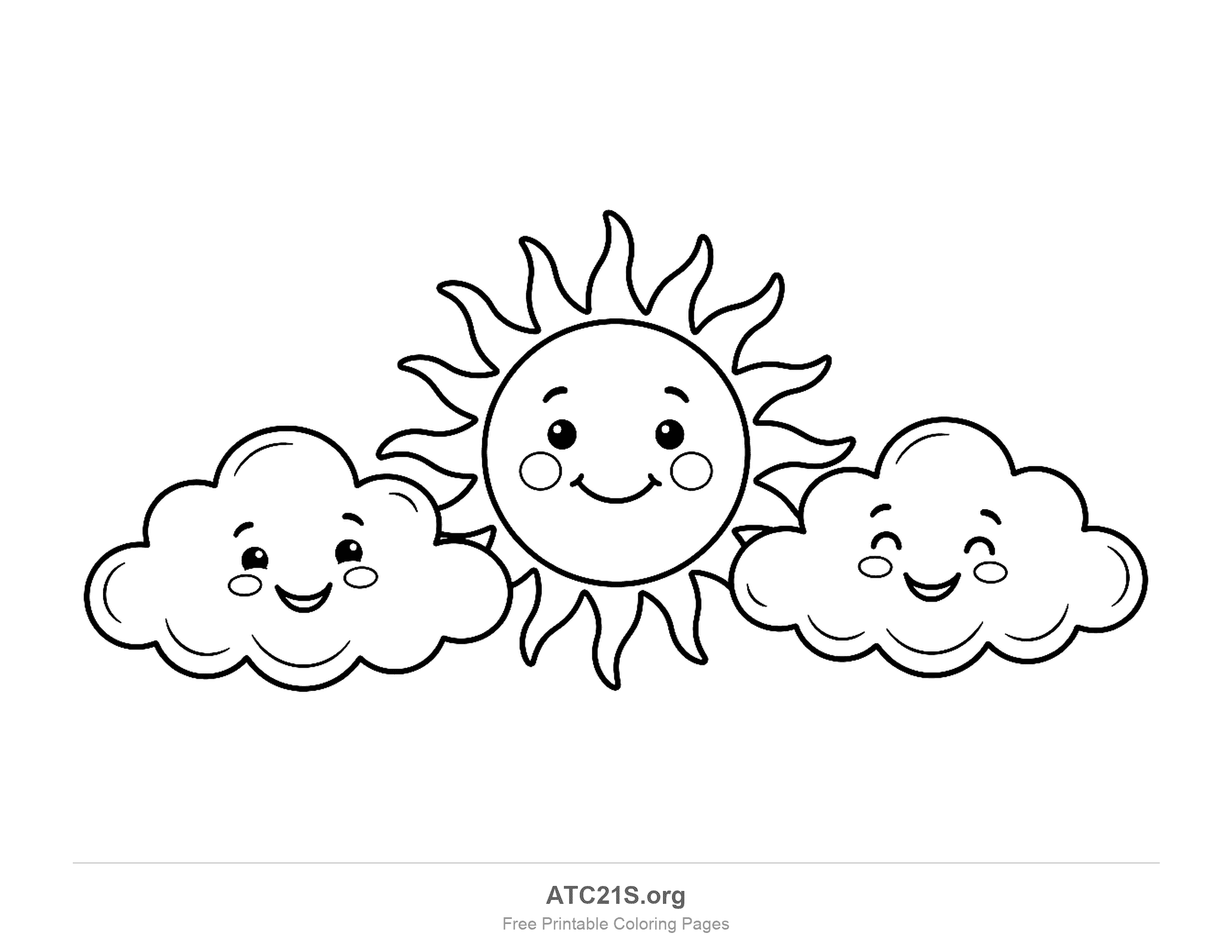 Round smiling sun with wavy rays peeking out between two puffy smiling clouds, one wide-eyed and one with happy closed eyes, simple sky coloring page for young kids
