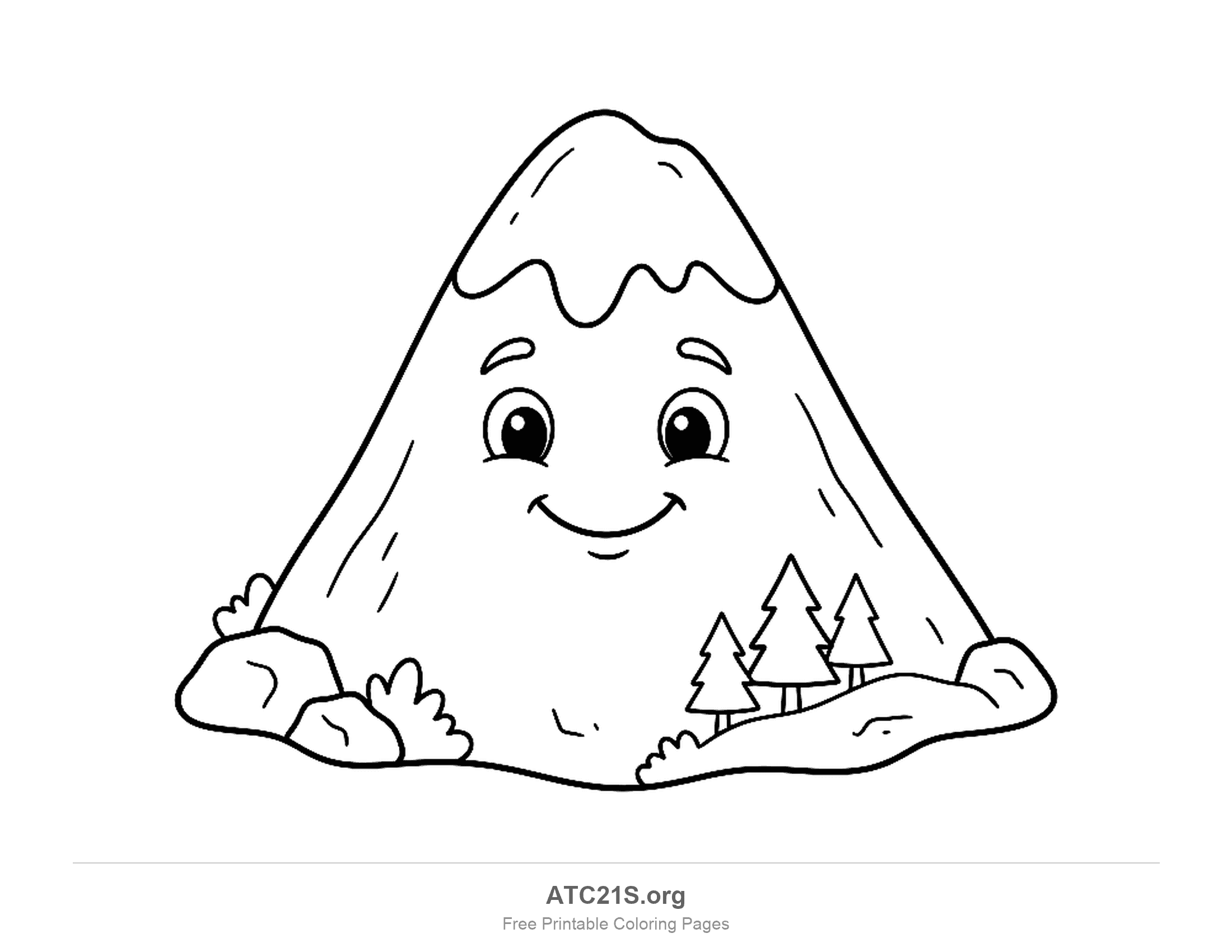 Smiling wide-eyed mountain with a drippy snow cap, three small pine trees on a grassy slope and rocks and bushes around its base, easy nature coloring page for kids