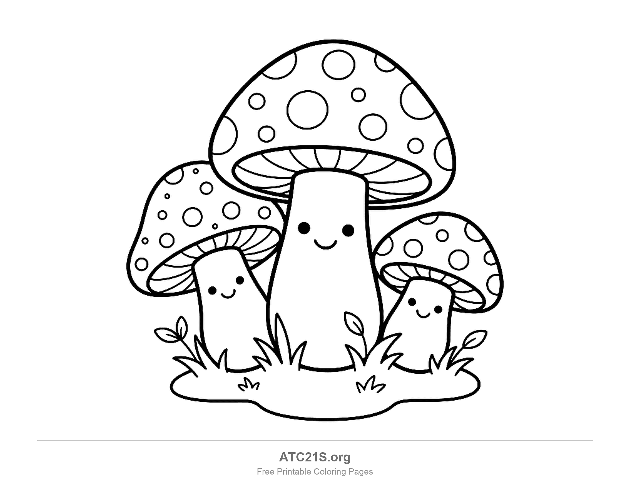 Three toadstools with spotted caps and gills underneath, a tall one in the middle and two smaller ones beside it, each with a smiling face on its stalk, in grass with sprouting leaves, cute mushroom coloring page for kids