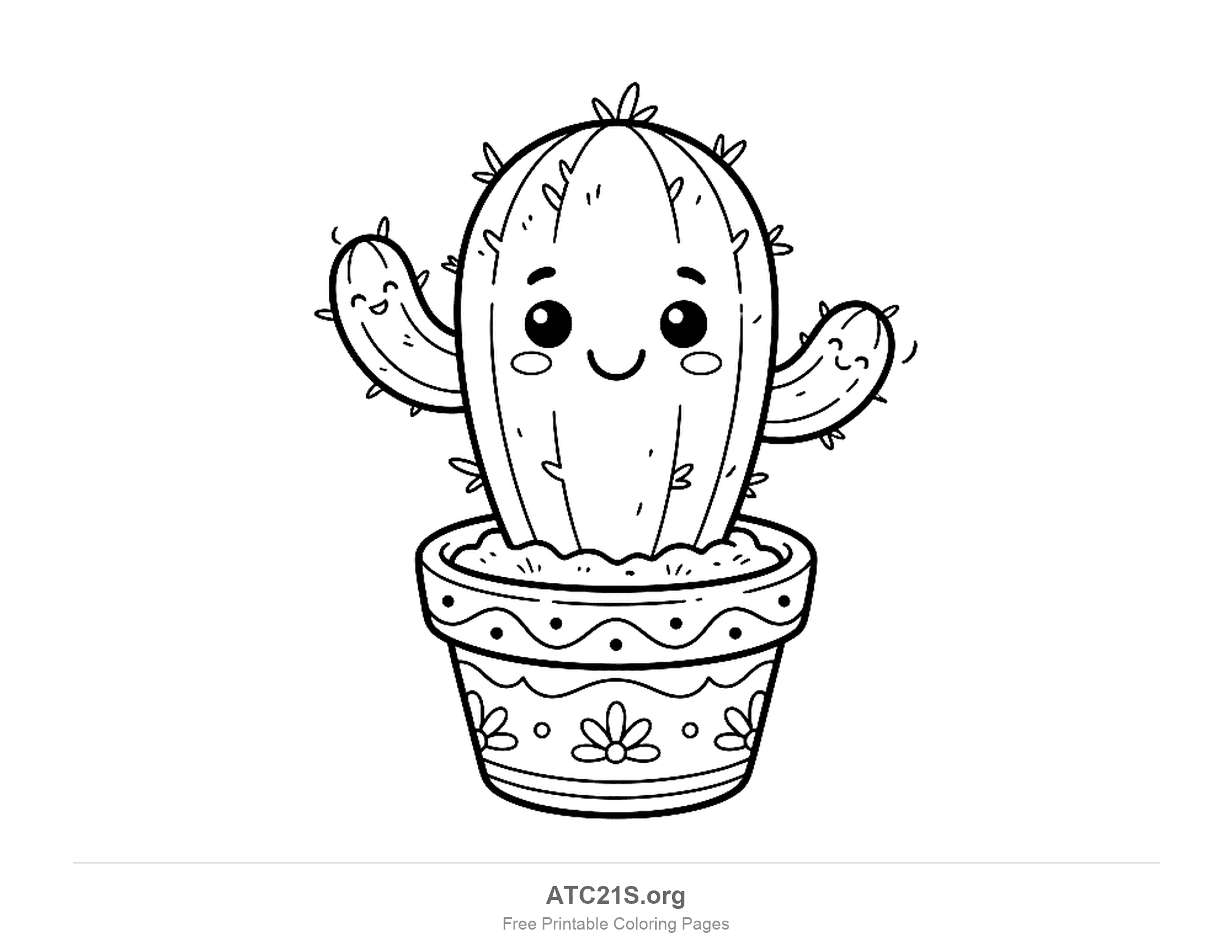 Smiling ribbed cactus holding up both arms as if waving, with tiny faces on its arms and tufts of spines, in a pot decorated with a wavy band, dots and flowers, cactus nature coloring page for kids