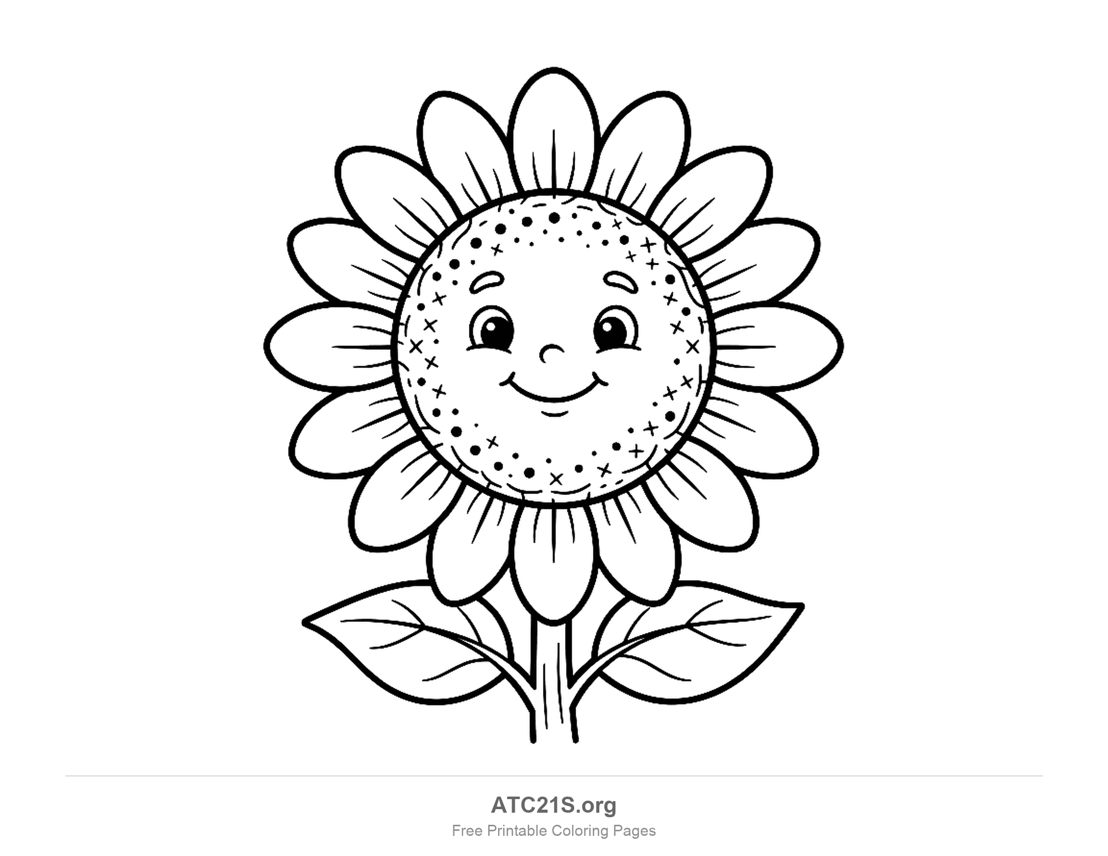 Smiling sunflower with a full ring of veined petals, a face in its seed head ringed with dots and small crosses, and two big leaves on its stem, sunflower nature coloring page for school-age kids