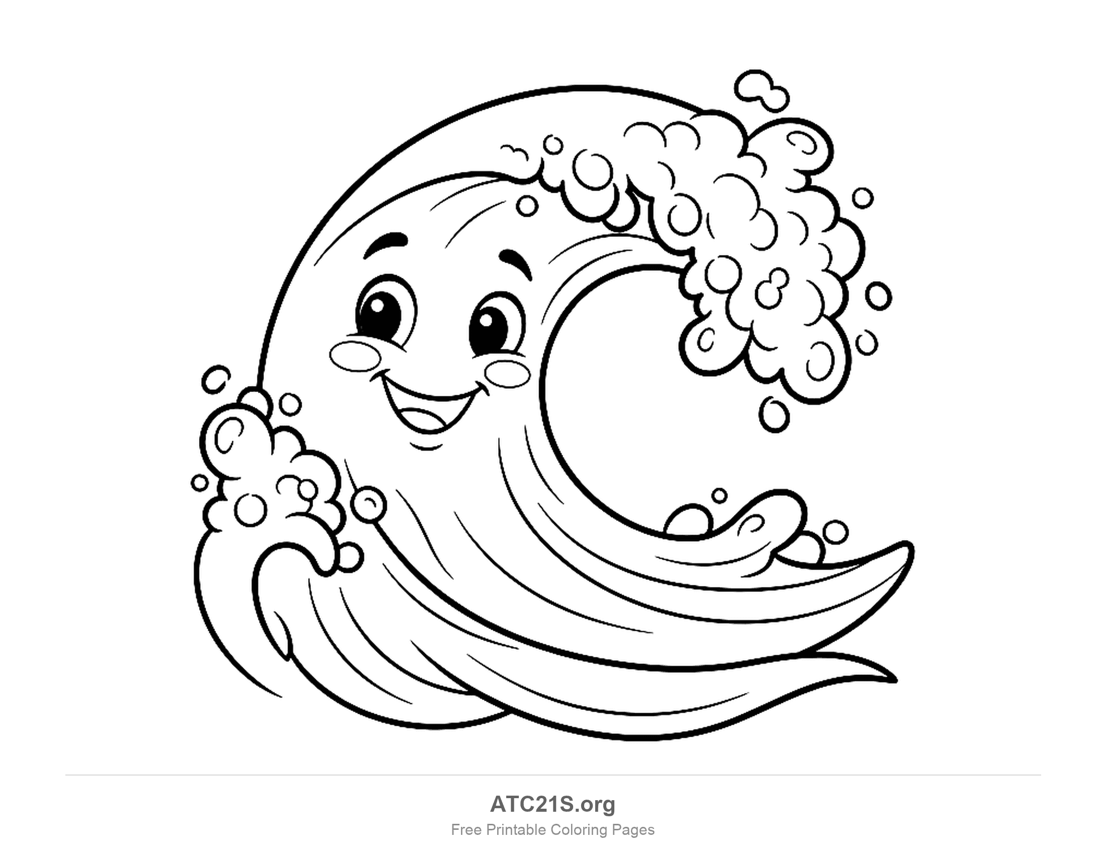 Ocean wave curling over into a C shape with a laughing face, bubbly foam spraying off its crest and base and long swirling streaks of water, detailed sea coloring page for older kids