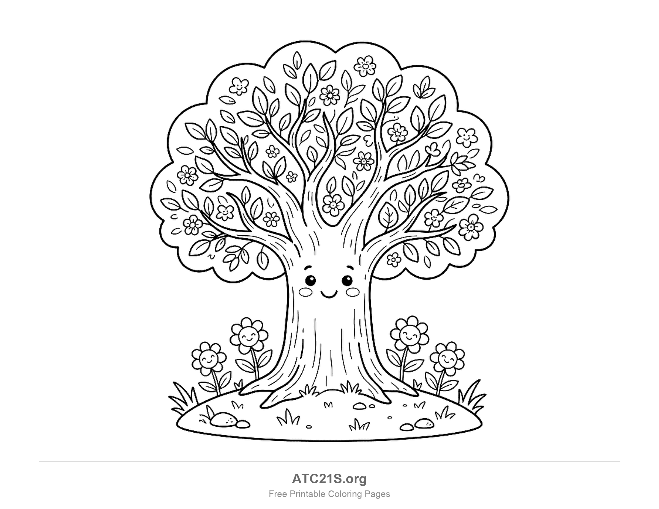 Smiling tree with branches spreading inside a cloud-shaped crown packed with leaves and small flowers, four smiling flowers, grass tufts and pebbles at its feet, detailed tree coloring page for older kids