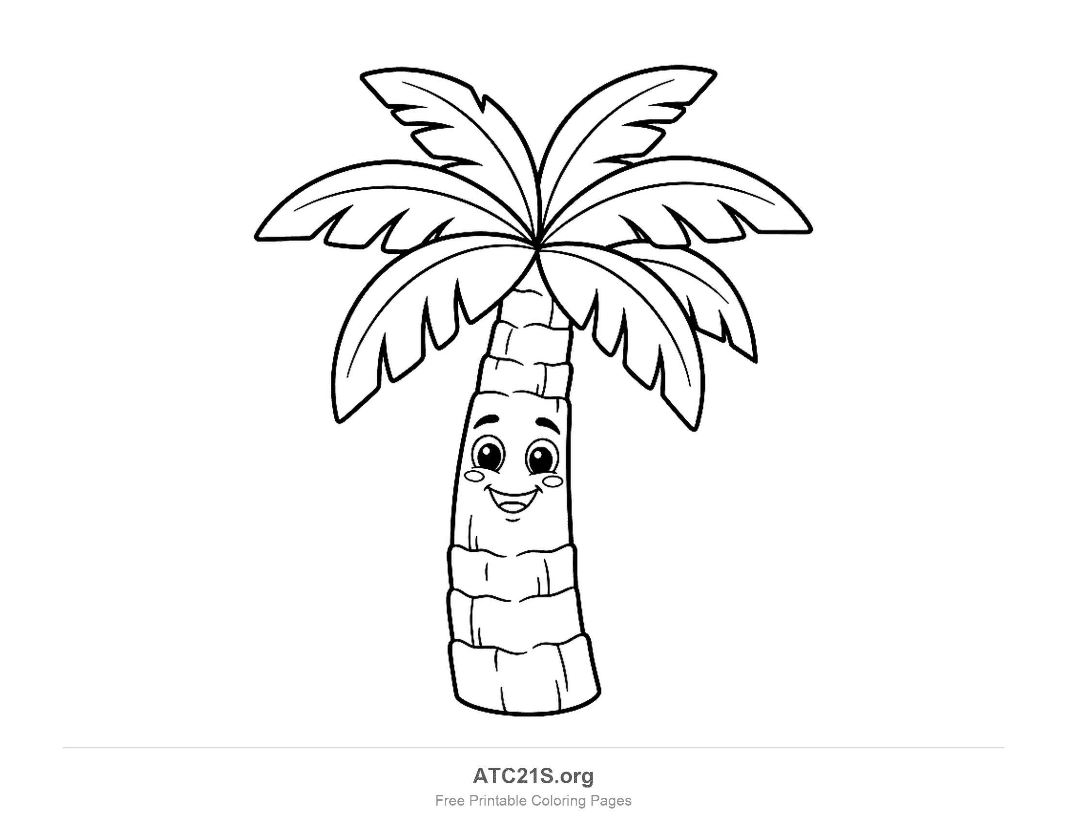 Cartoon palm tree with a big smiling face and rosy cheeks on a banded trunk, under a crown of jagged-edged fronds, cute palm tree coloring page for preschoolers