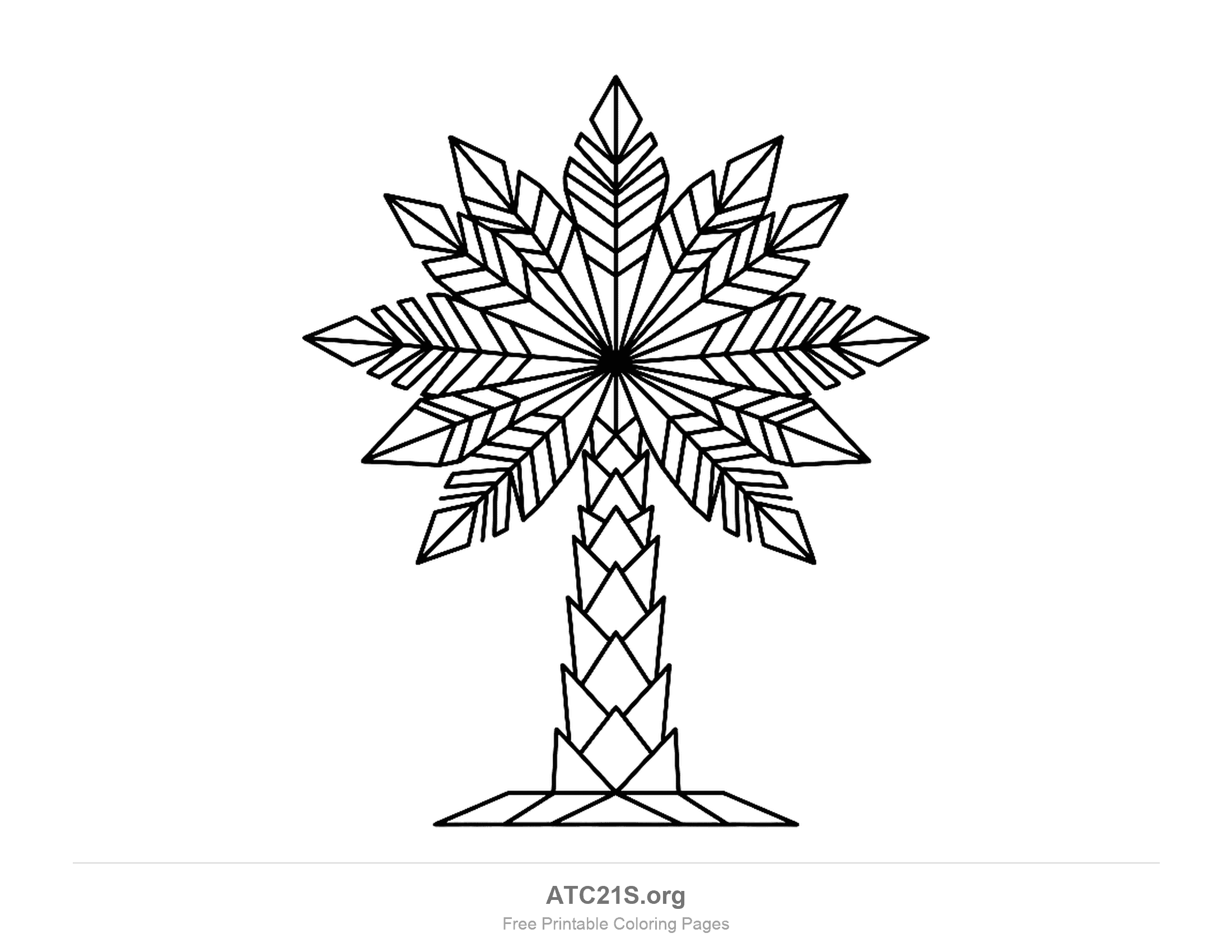 Geometric palm tree drawn with straight lines, pointed fronds radiating like a star and split into angled sections, a trunk of stacked triangles on a tiled base, palm tree coloring page for kids