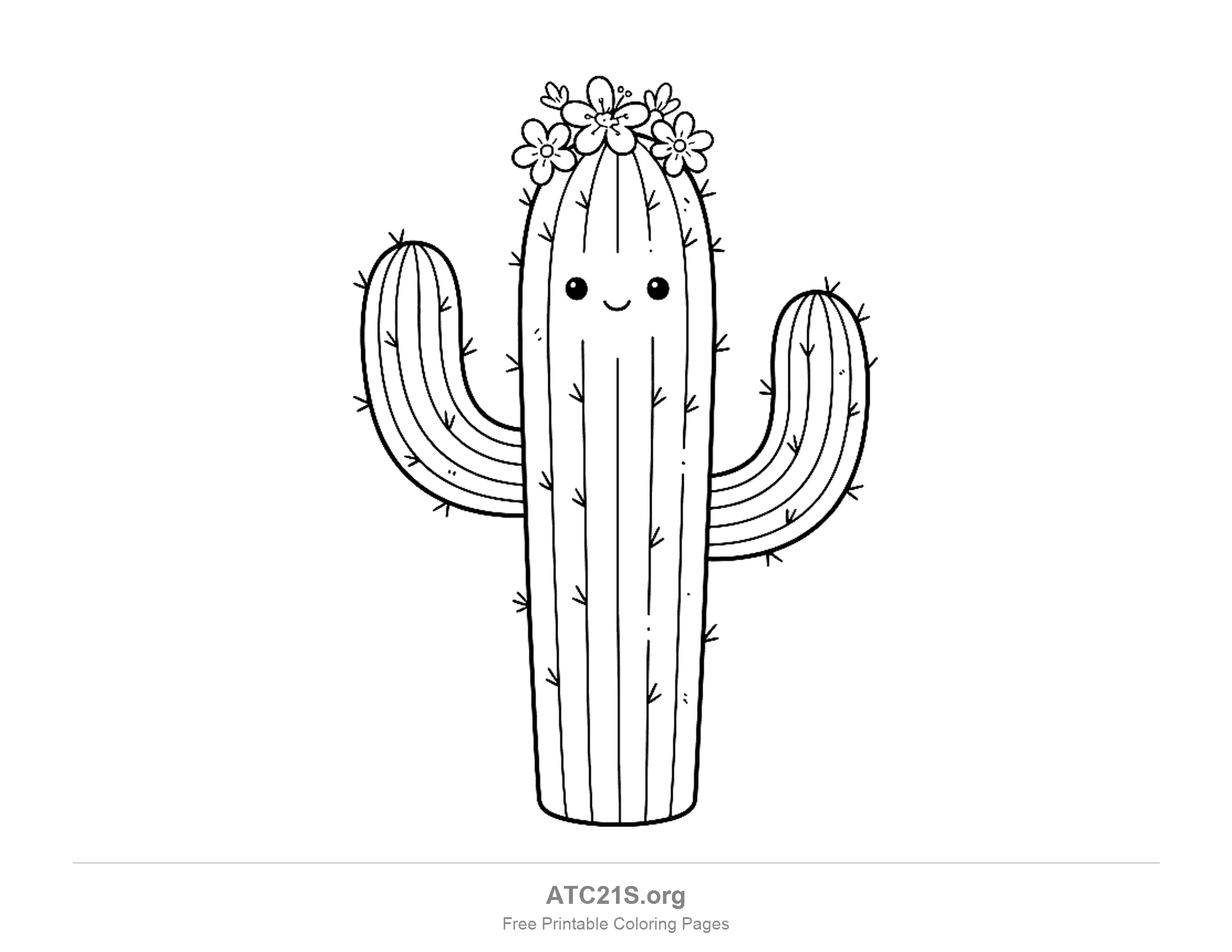 Tall smiling cactus with two arms curving upward, striped ribs, tiny spines and a crown of small flowers on top, cute cactus coloring page for kids