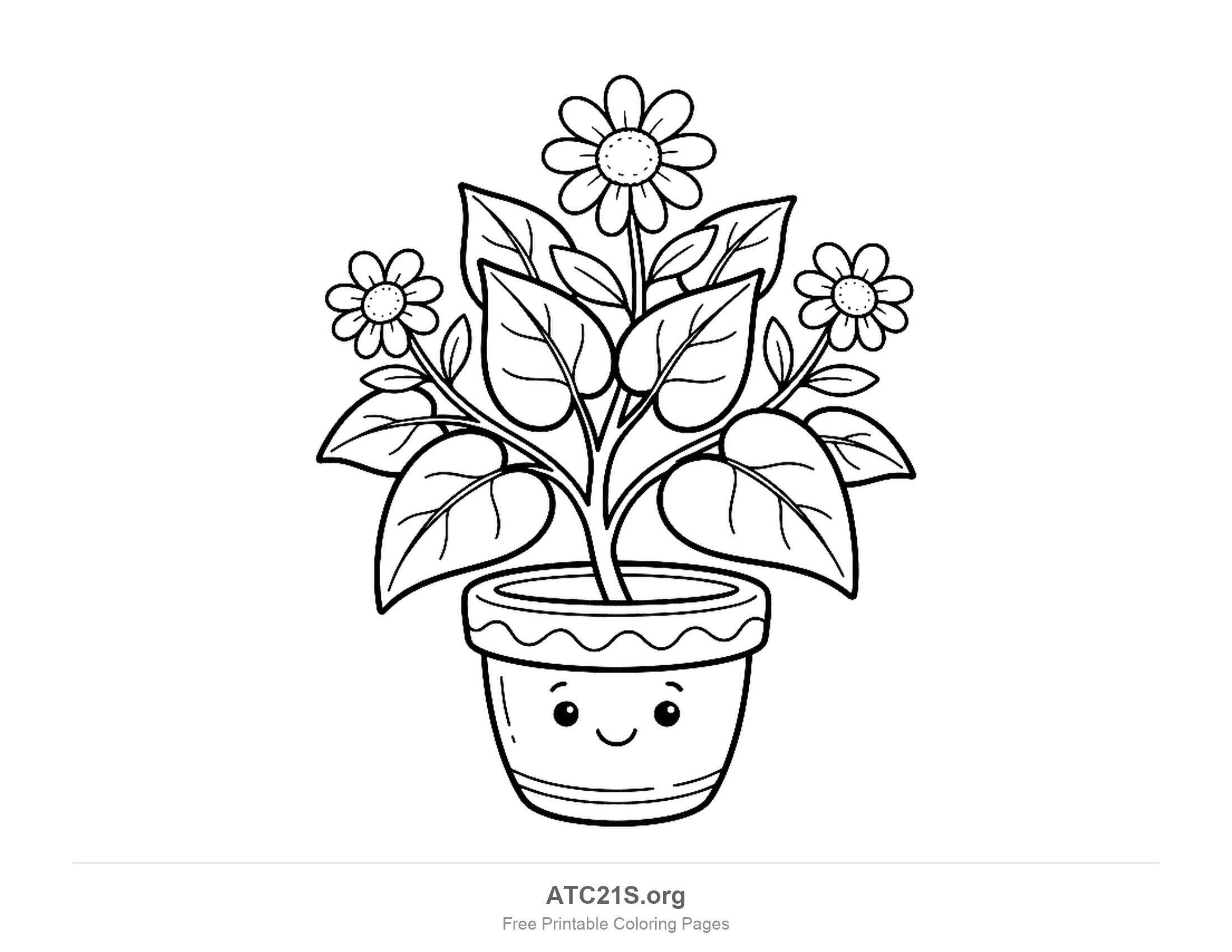Leafy pot plant with veined leaves and three daisy-like flowers with dotted centres, growing from a cartoon pot with a wavy band and a smiling face, plant coloring page