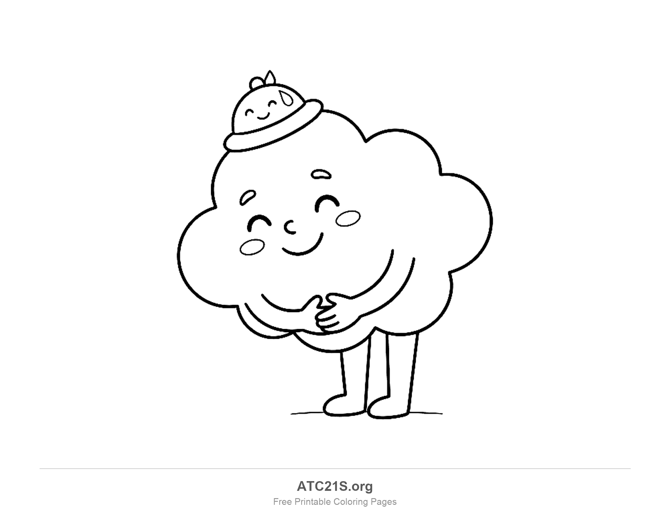 Shy cloud with closed smiling eyes bowing forward and hugging its tummy, standing on two thin legs and wearing a small round rain hat with a face and a raindrop, simple rainy day coloring page for preschoolers
