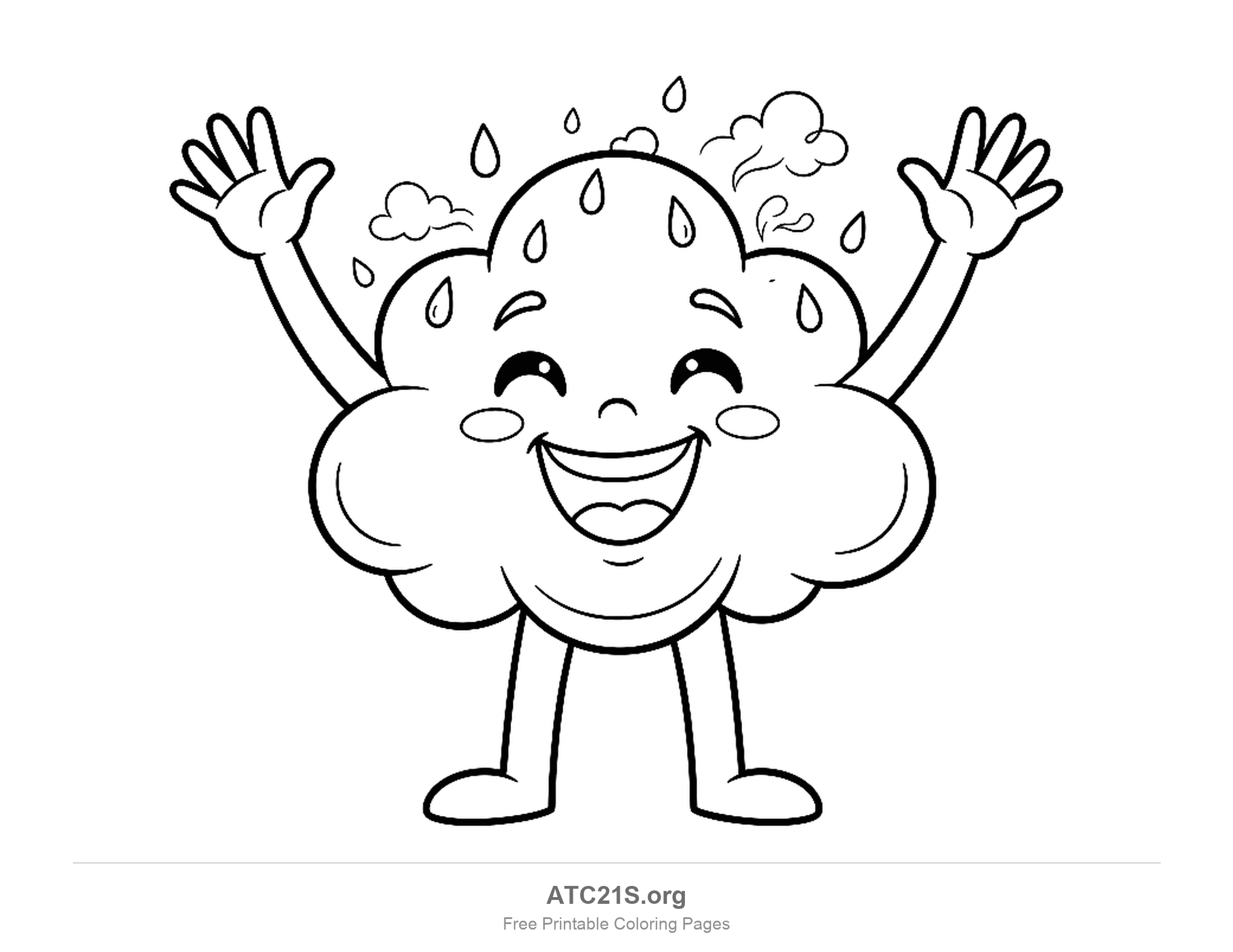 Laughing cloud with both arms raised high, standing on long legs while raindrops fall around its head and small clouds and wind swirls float above, rain coloring page for kids